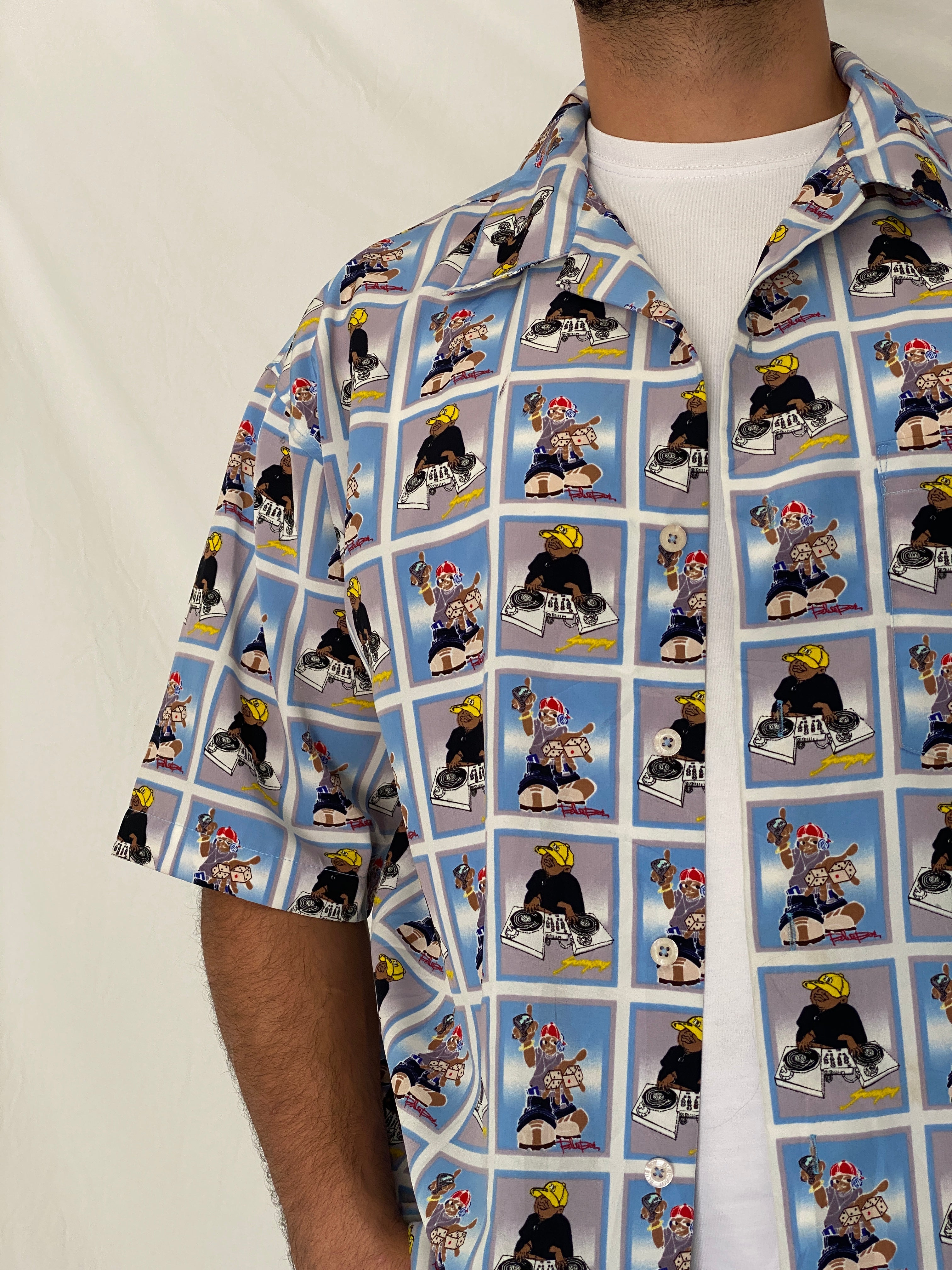 Y2K Blue Boy Hip-Hop Cartoon Light Blue Graphic Shirt – L