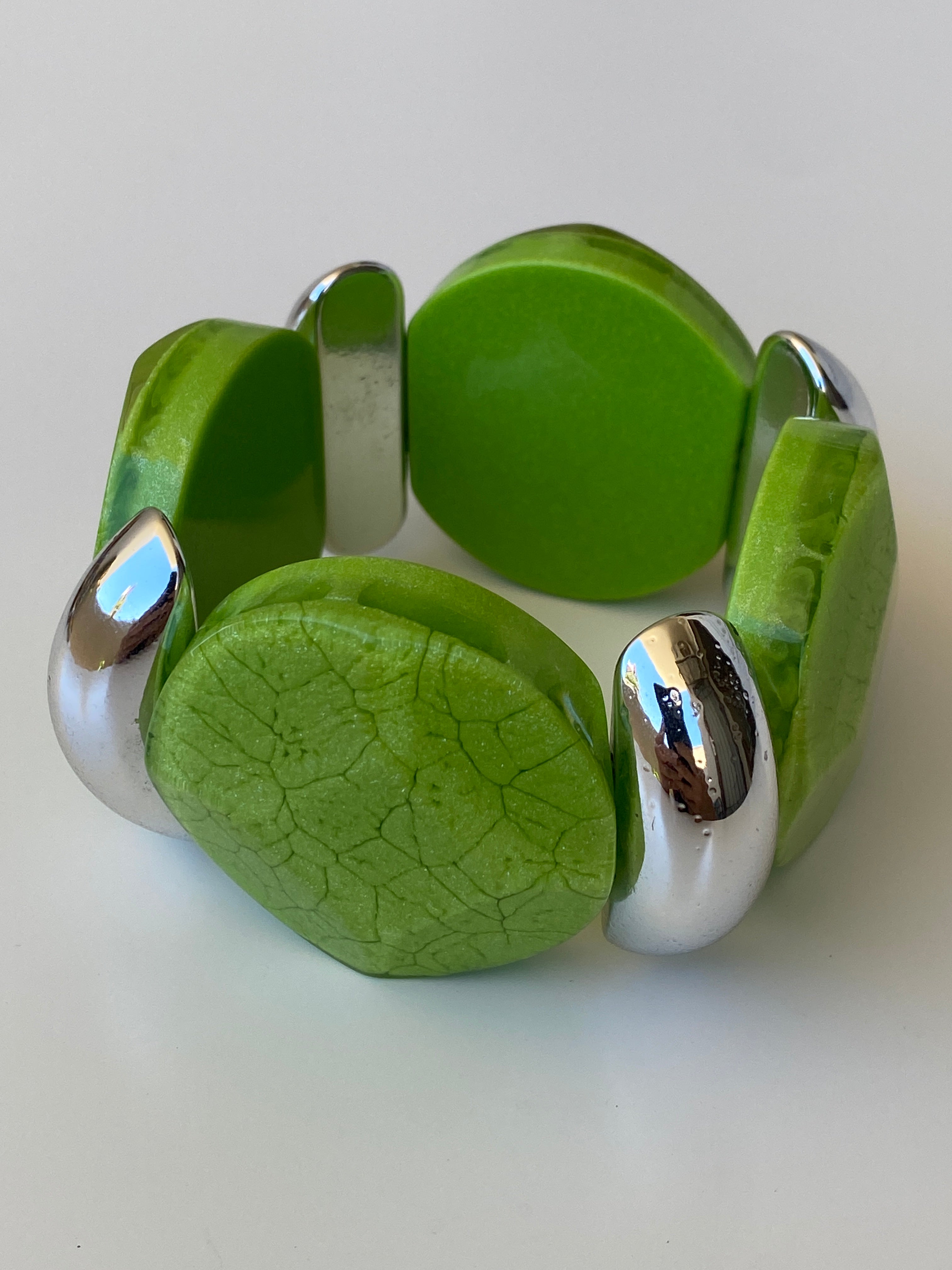 Y2K Green Resin & Silver-Tone Stretch Bracelet Statement Bangle