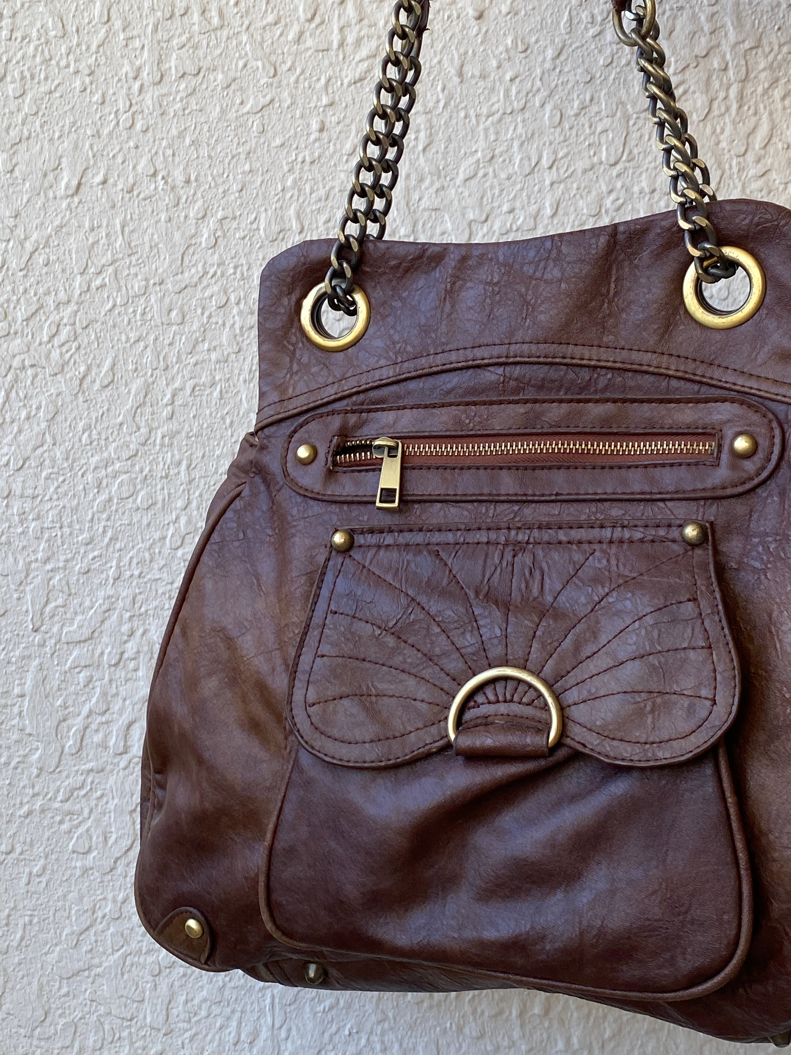 Vintage Y2K A|wear Brown Chain Handle Multi-Pocket Shoulder Bag