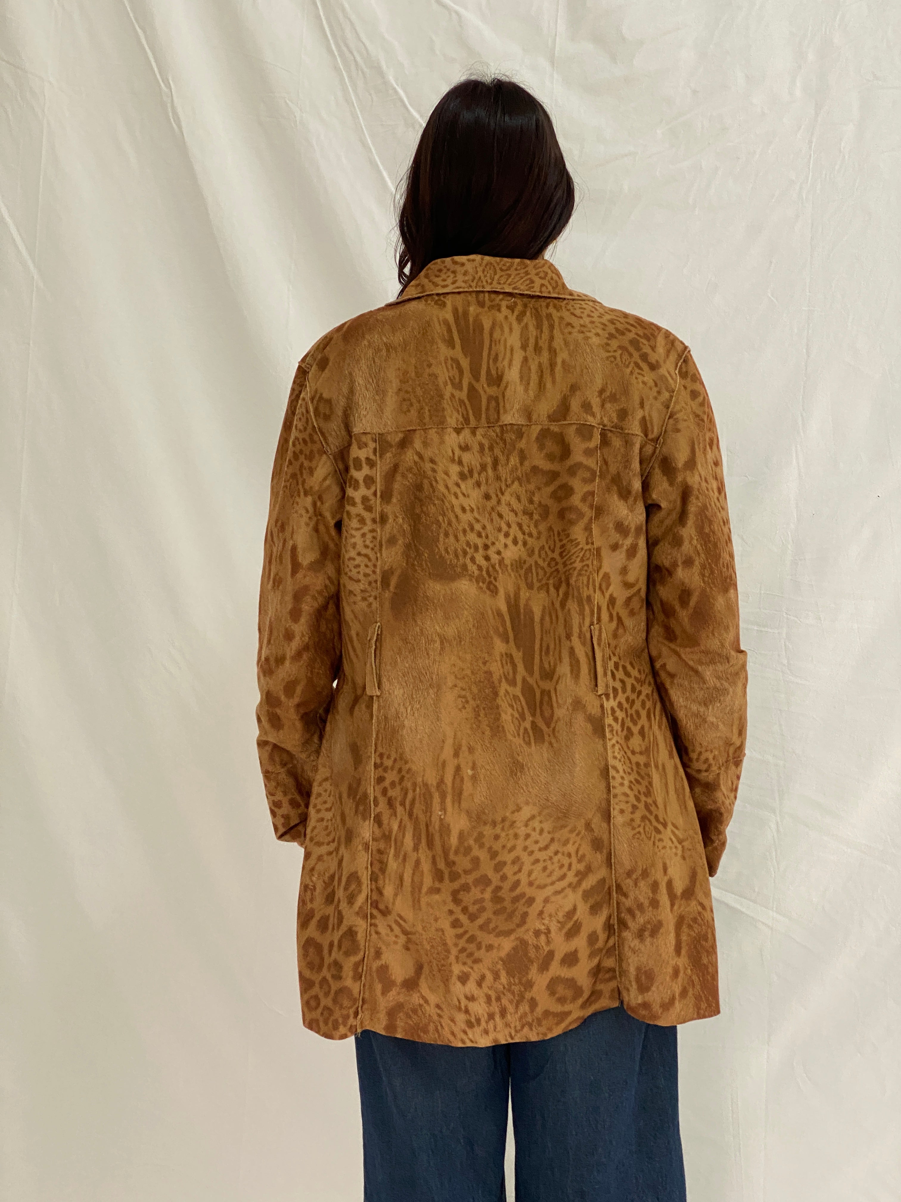 Vintage JIA YAO Leopard Print Faux Suede Longline Light Coat Button-Up Jacket – XL