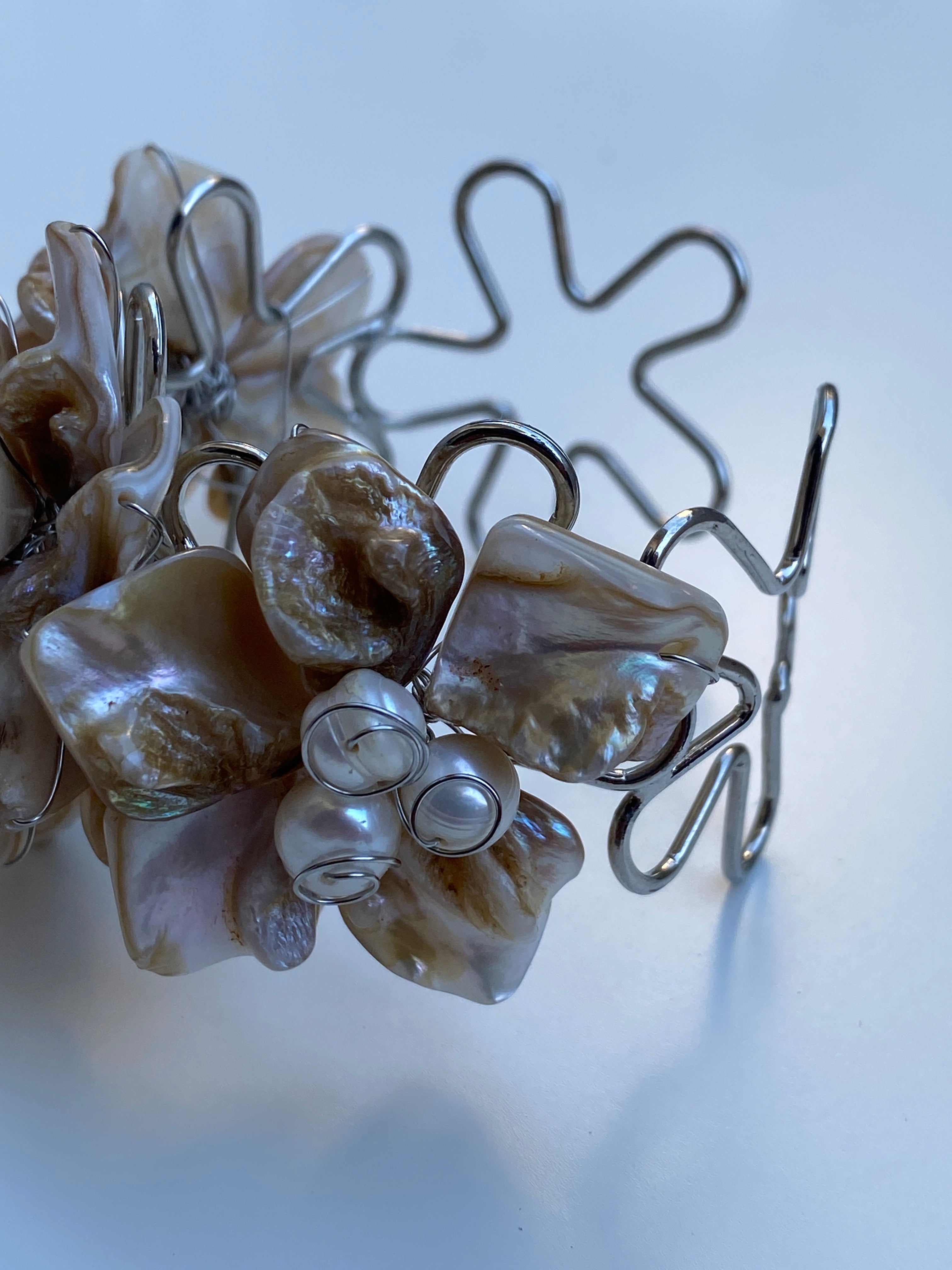 Vintage Mother of Pearl Cluster Cuff Handmade Artisan Shell Bracelet