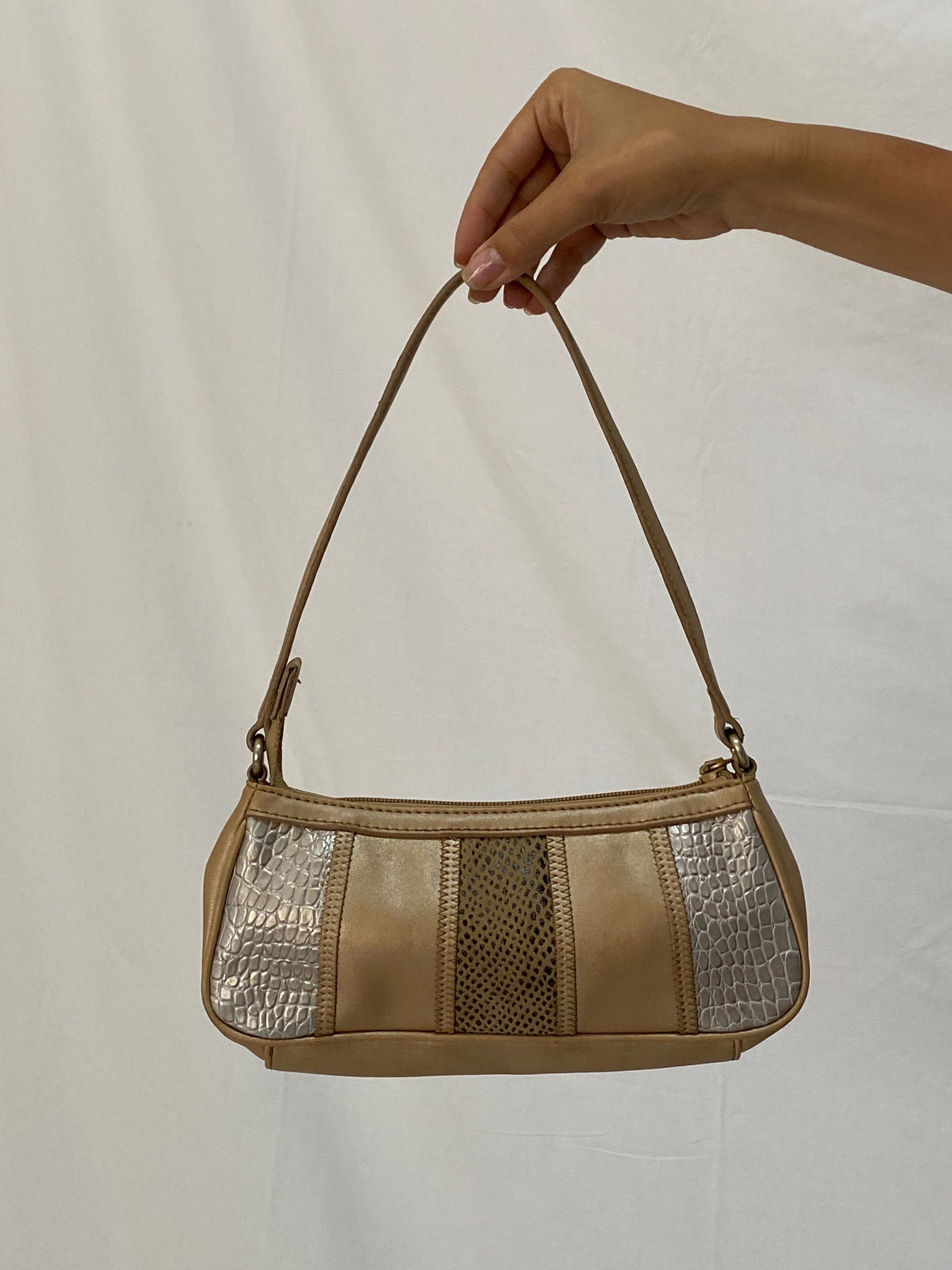Vintage Nine West Beige Shoulder Bag Y2K Faux Leather Baguette with Croc & Snakeskin Panels