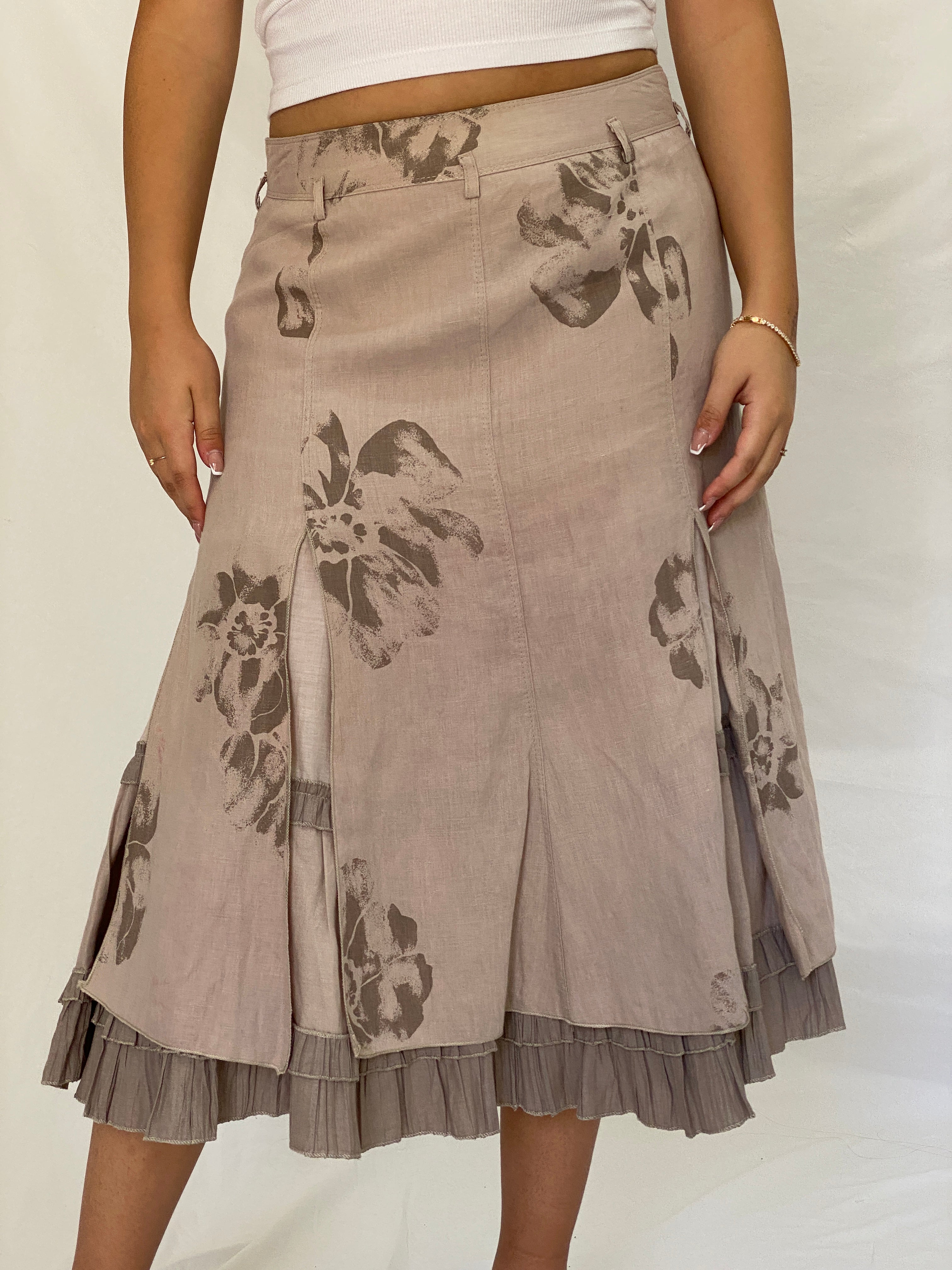 Vintage Layered Linen Taupe Floral Midi Skirt with Ruffle Hem – L