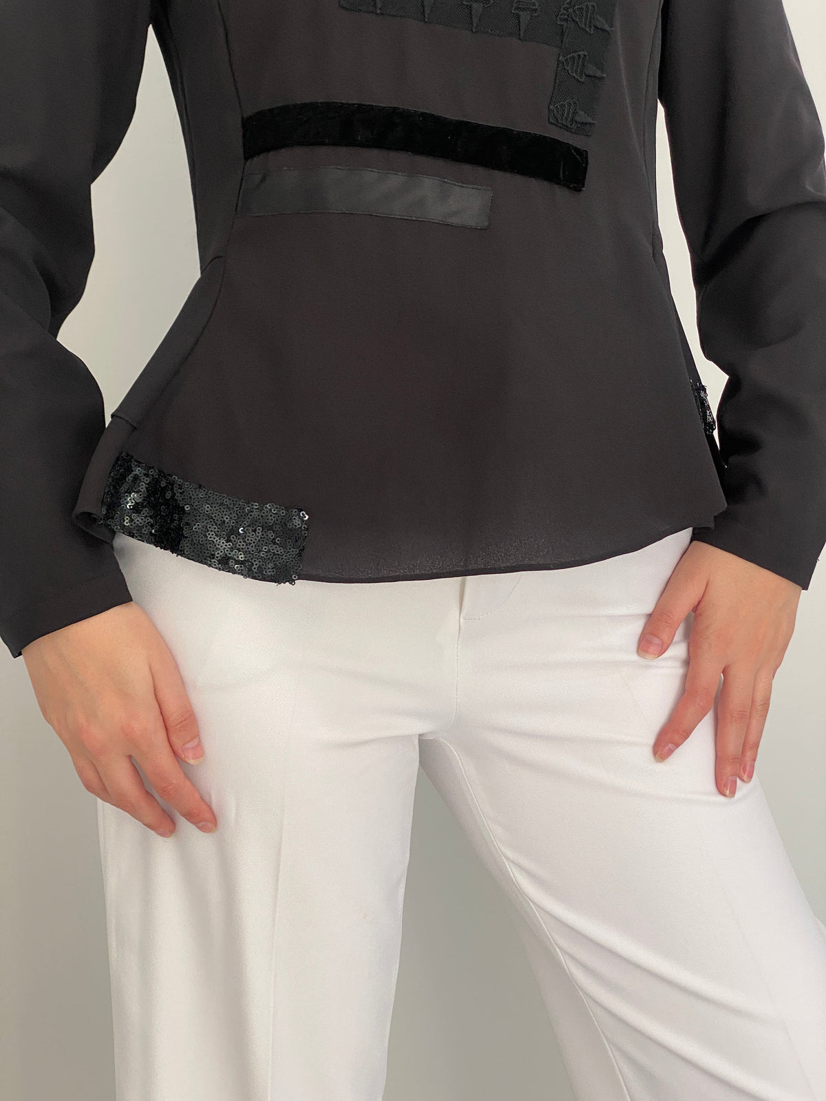 Vintage SÃO PAULO Black Sequin Patched Peplum Evening Top – S