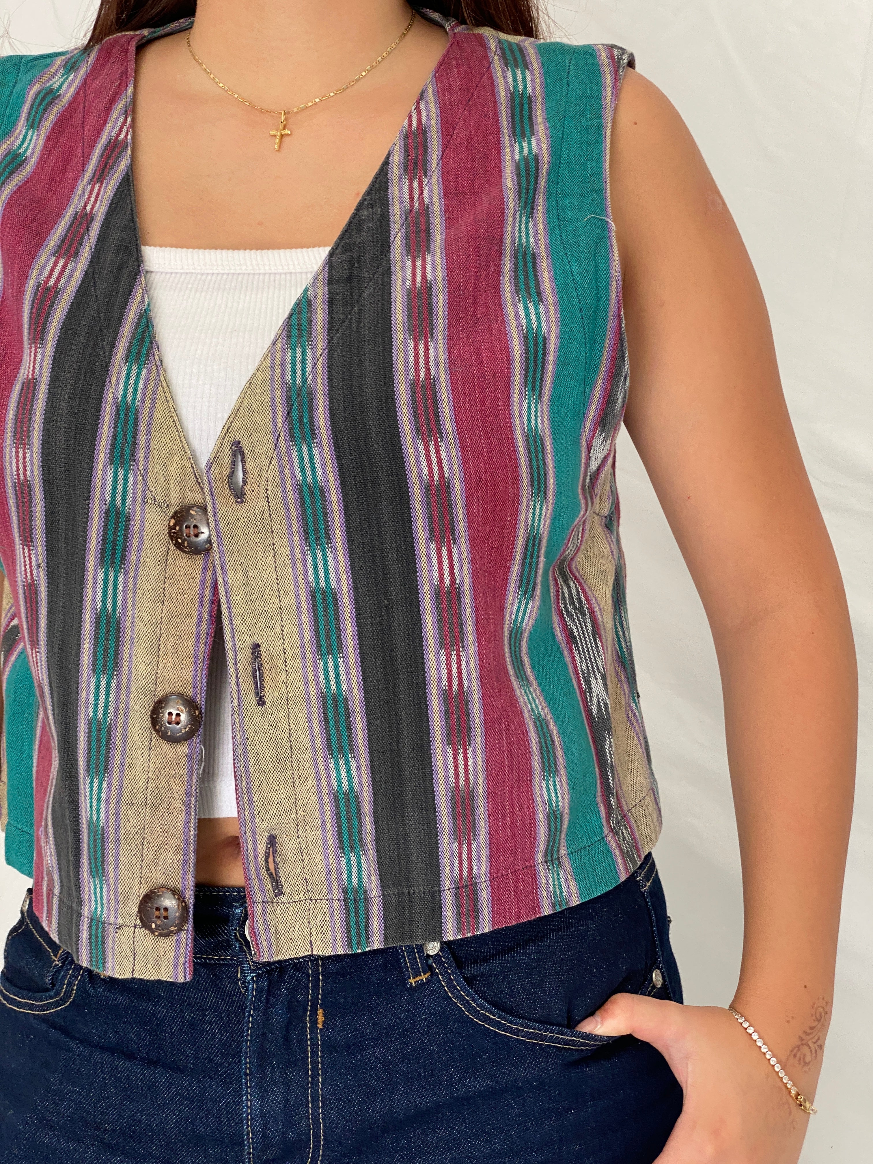 Vintage 90s Chico’s Design Cotton Multicolor Tribal Woven Vest – S/M