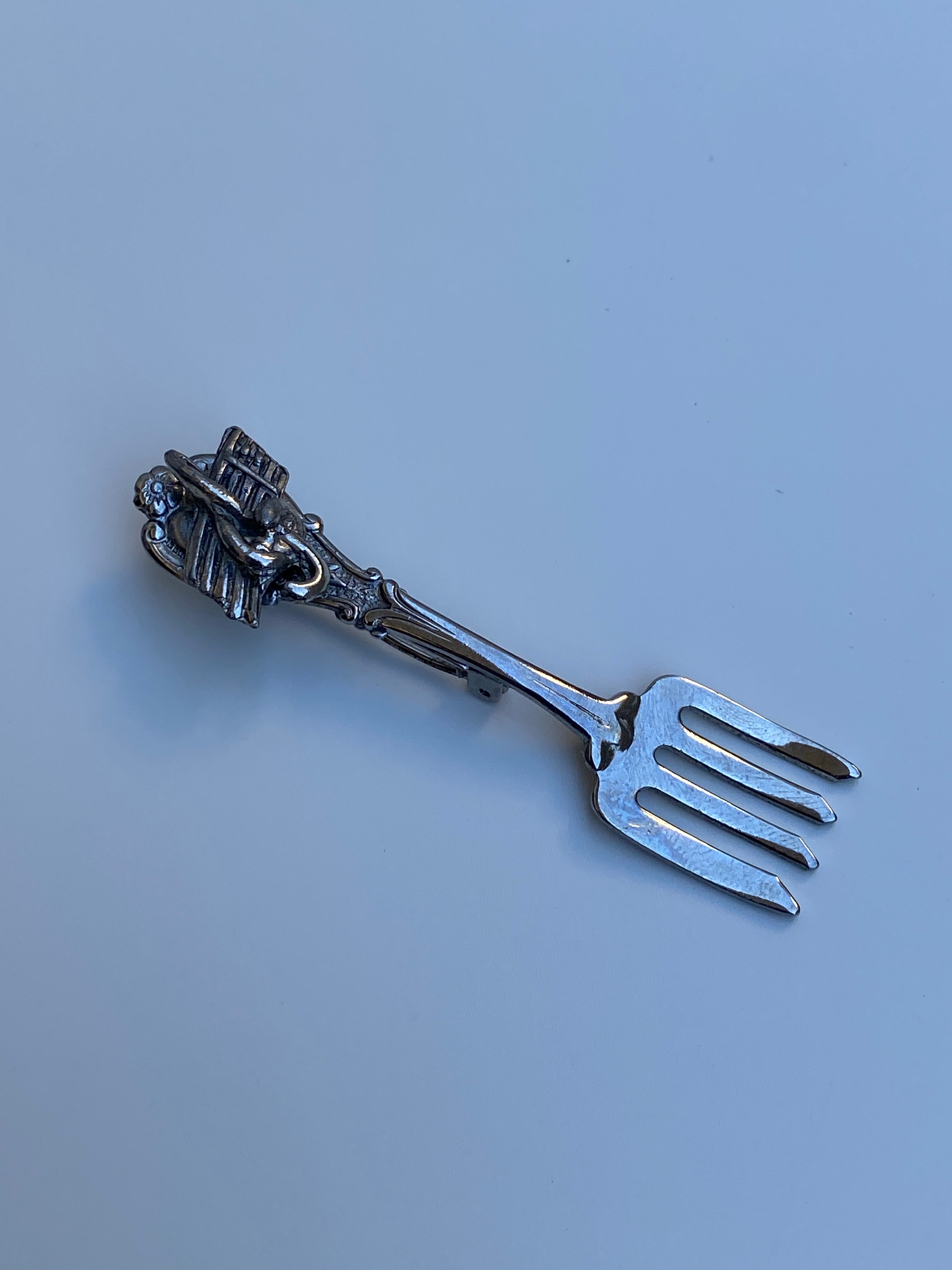 Vintage Silver Tone Fork Brooch Figural Cutlery Lapel Pin