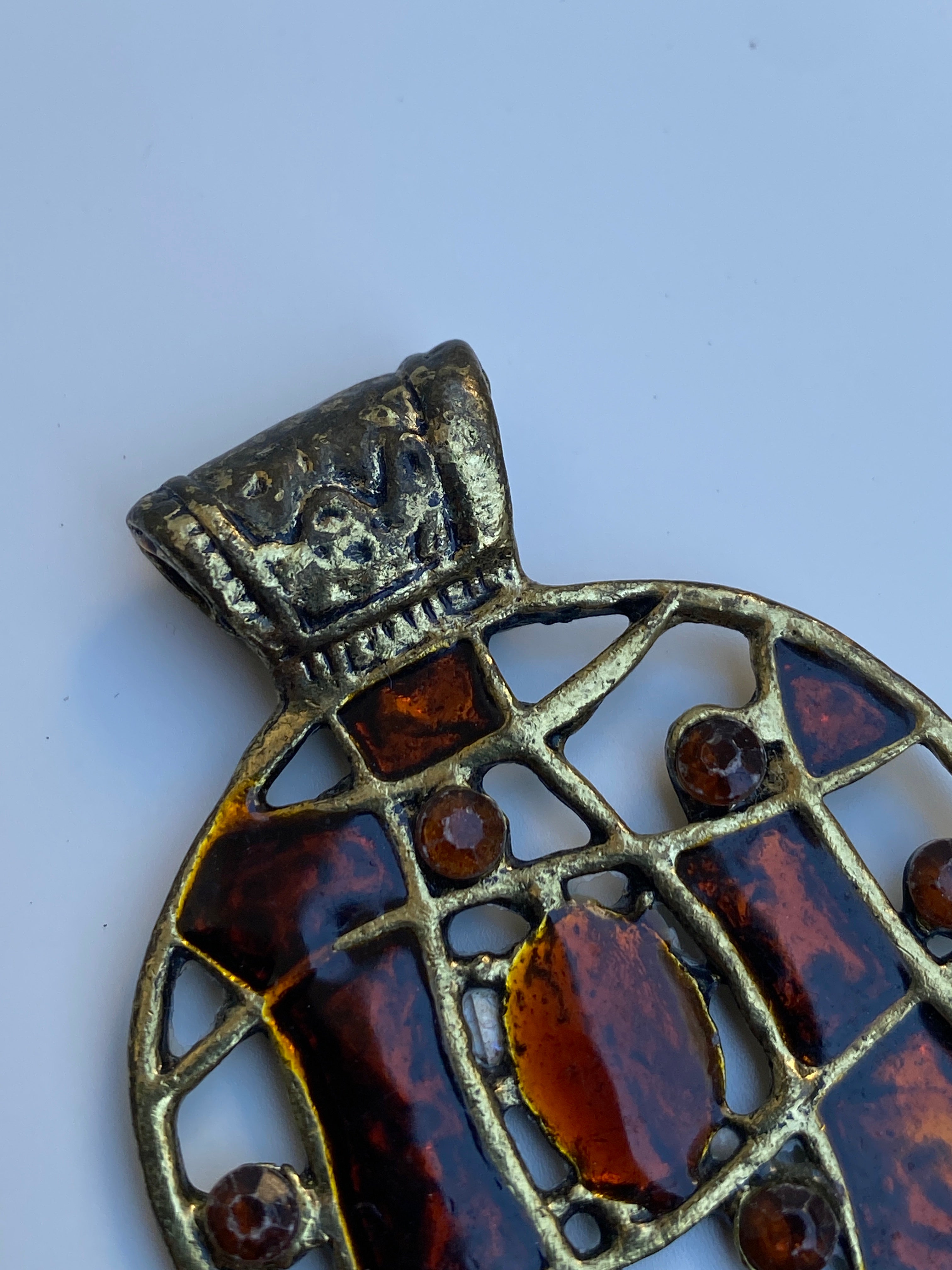 Vintage Brutalist Amber Glass Mosaic Artisan Round Pendant