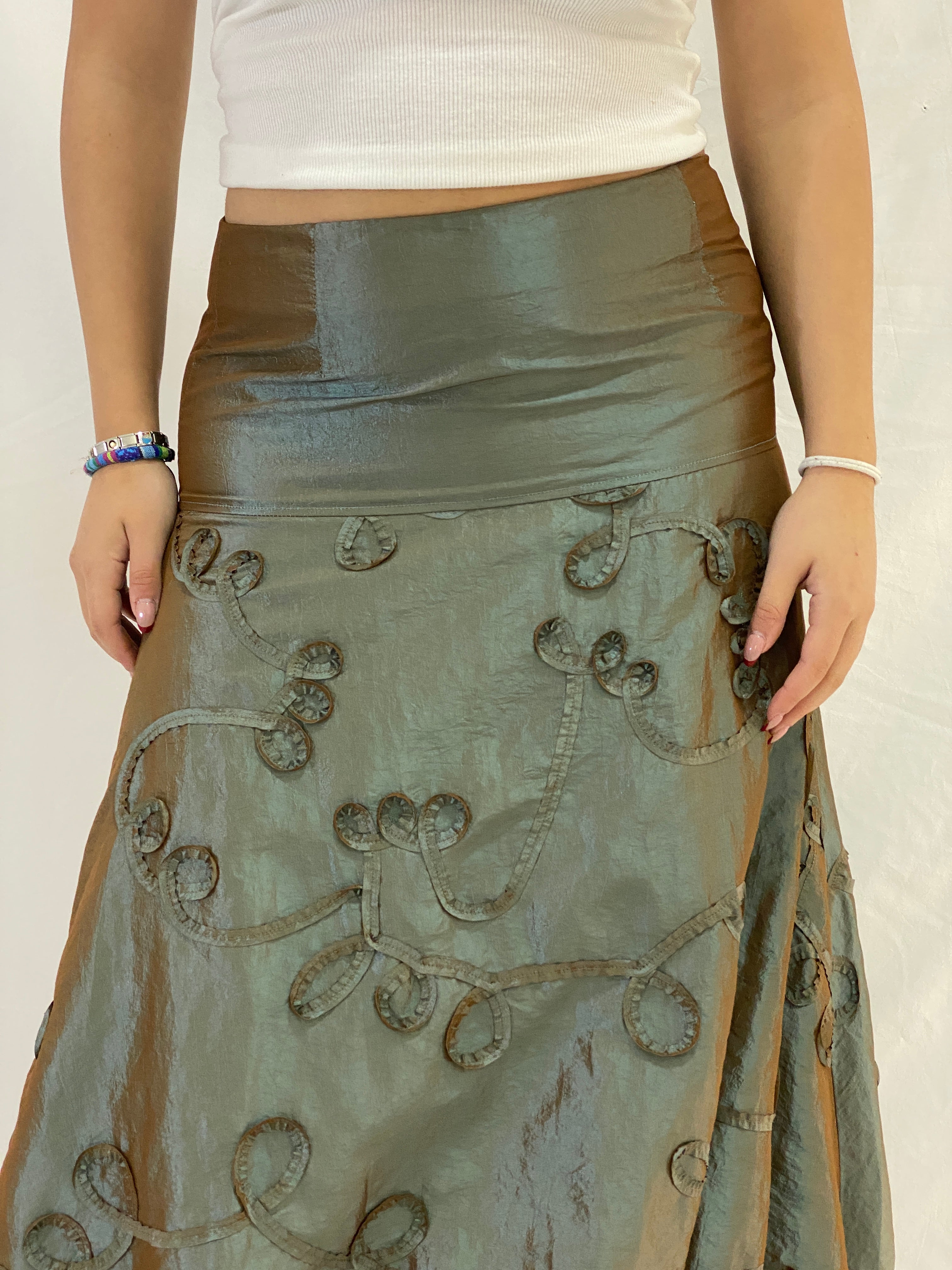Y2K Kiabi Metallic Olive Midi Skirt with Textured Appliqué Detail - L