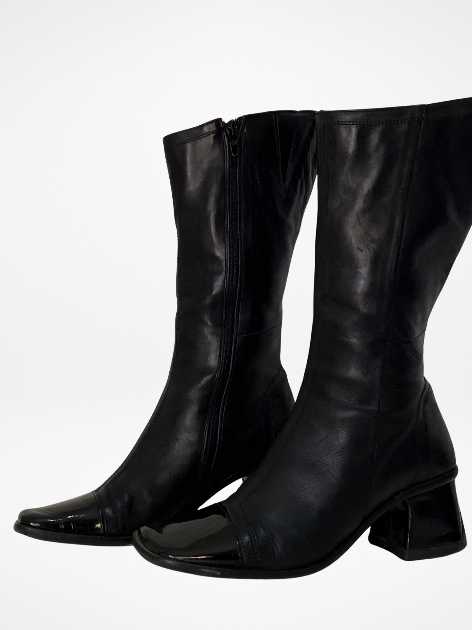 Vintage JOA Italian Black Leather Patent Block Heel & Square Toe Mid-Calf Boots - 36EU