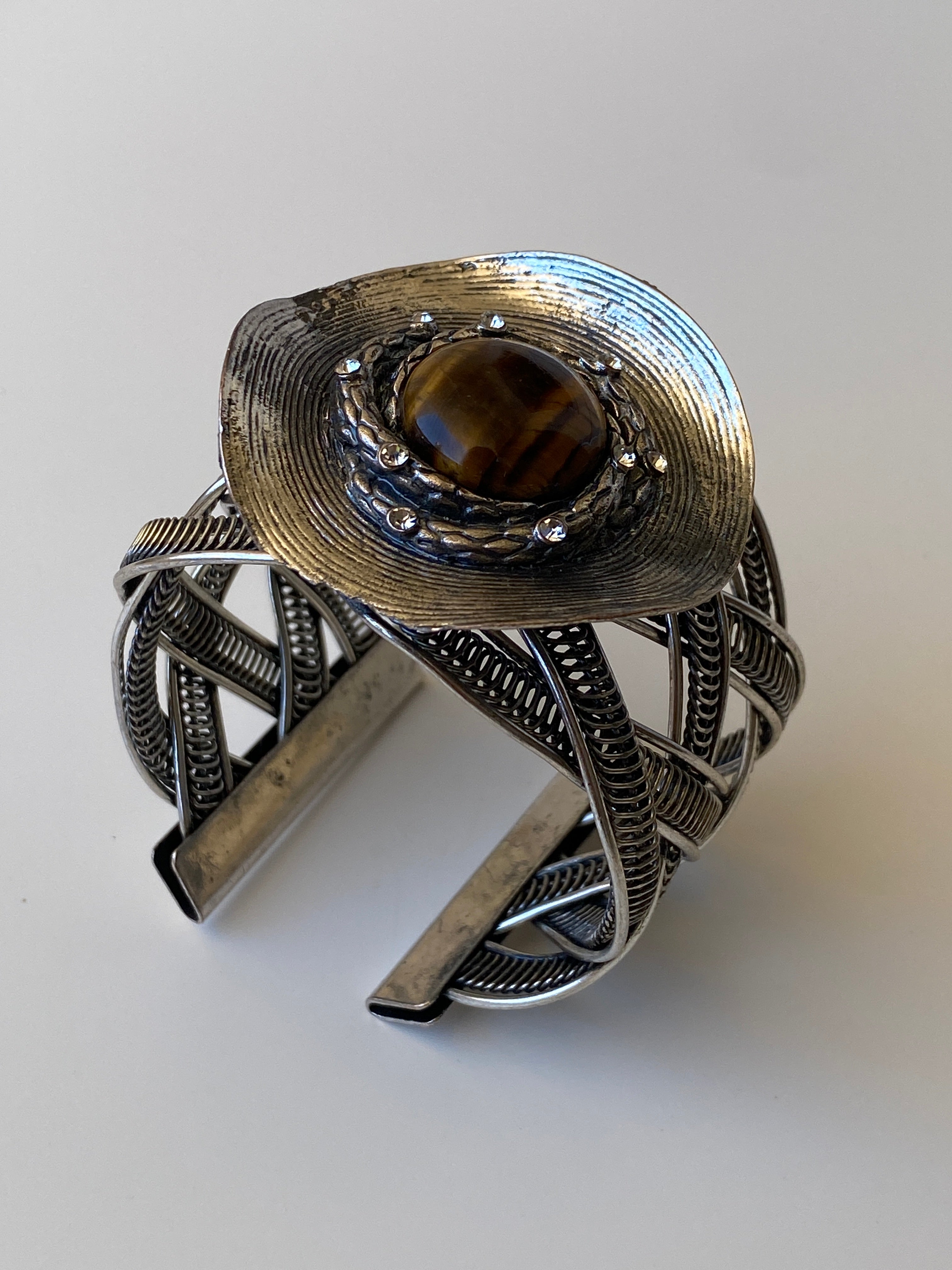 Vintage Tiger Eye Statement Cuff Bracelet Silver Tone Openwork Artisan Bangle
