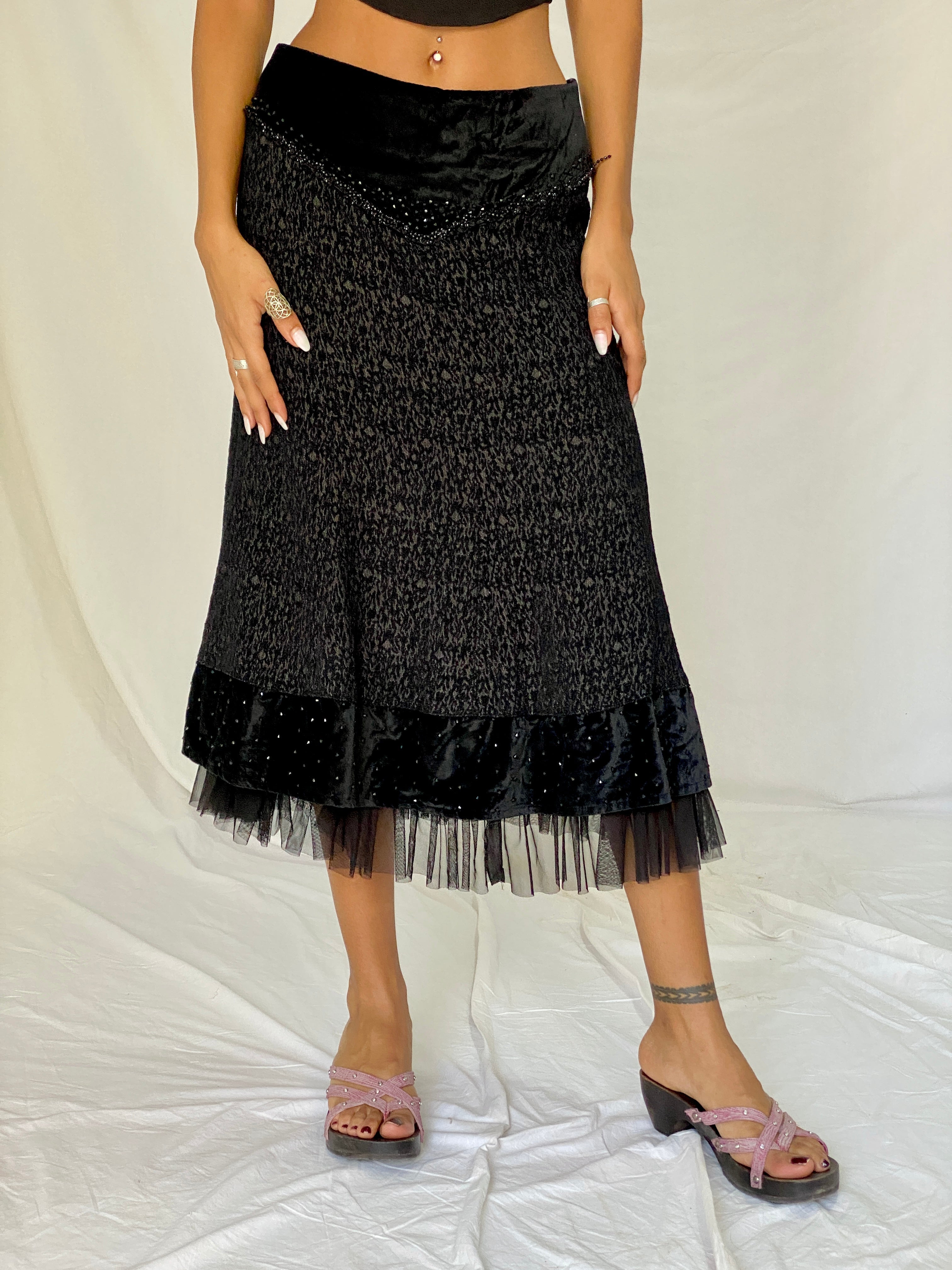 Vintage Whimsigoth Black Velvet Embellished Tulle Grunge Midi Skirt – M