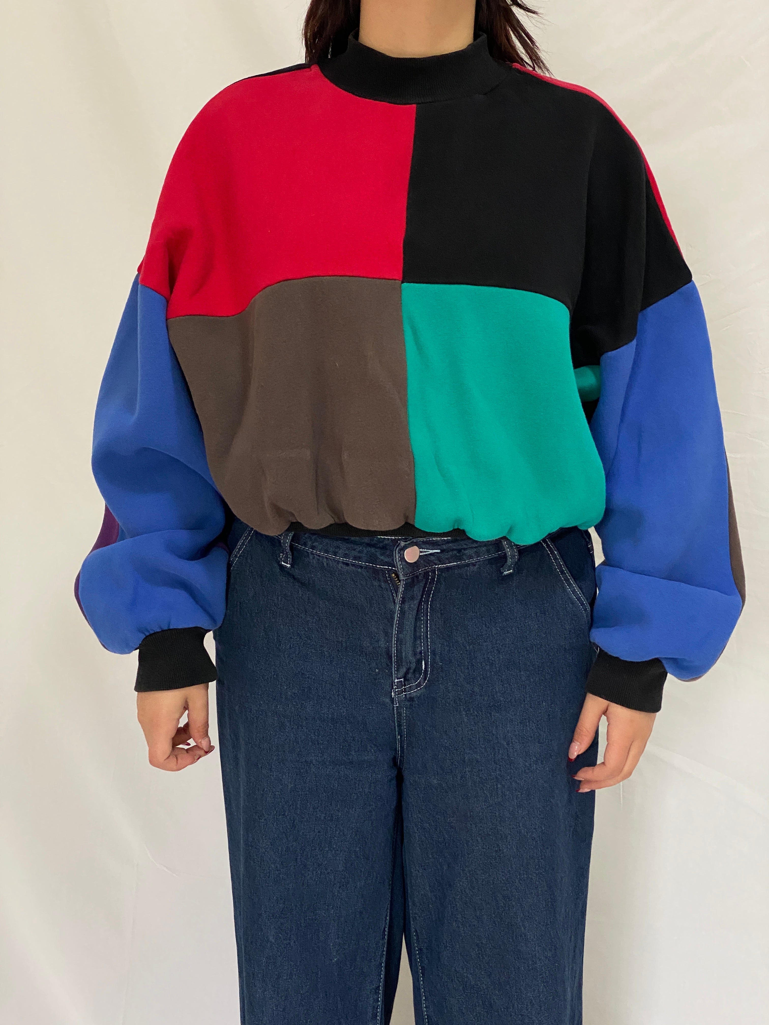 Vintage Color Block Sweatshirt Top Multicolor Patchwork Pullover - M