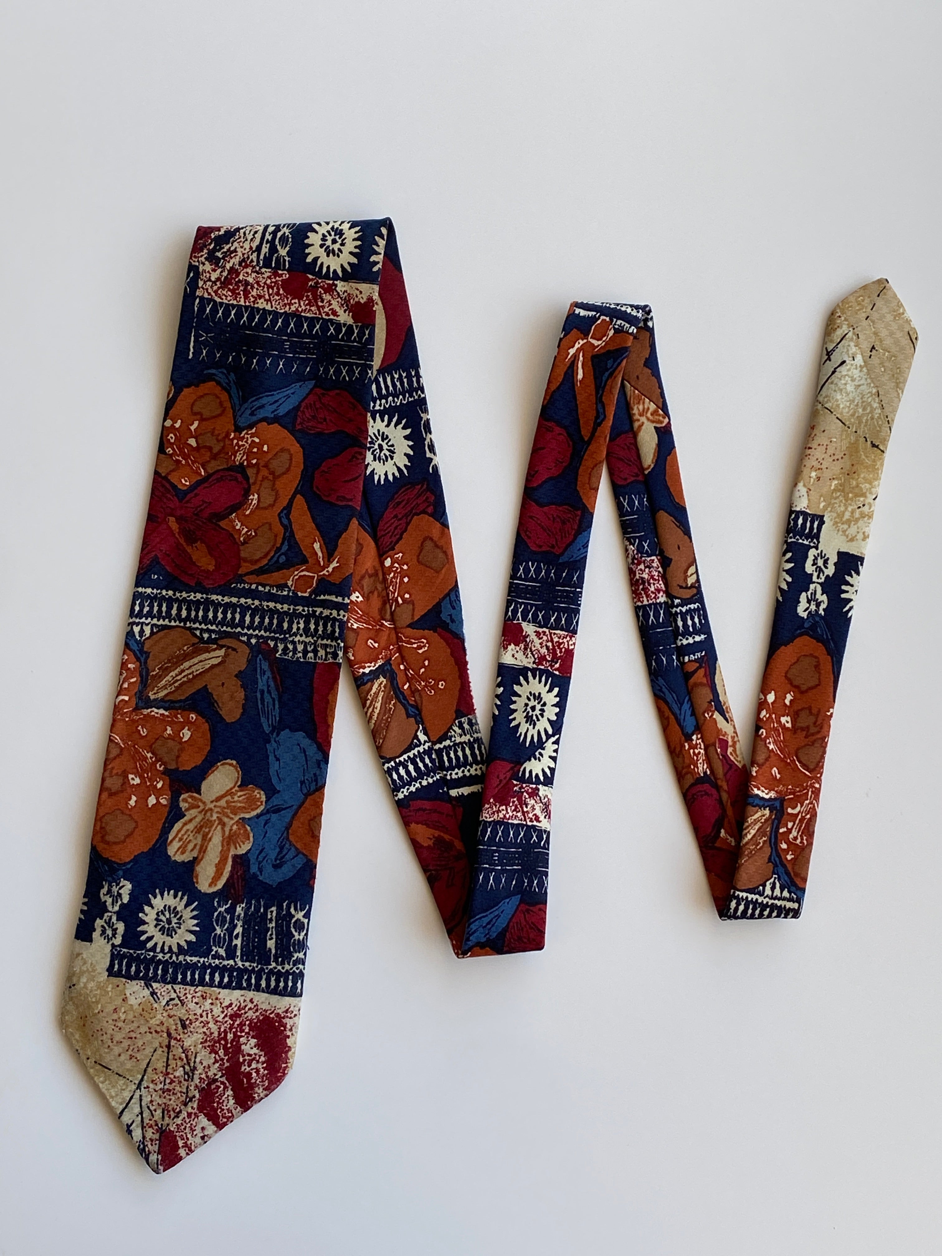 Vintage 1990s T Fashion Navy Multicolor Polyester Floral Abstract Necktie