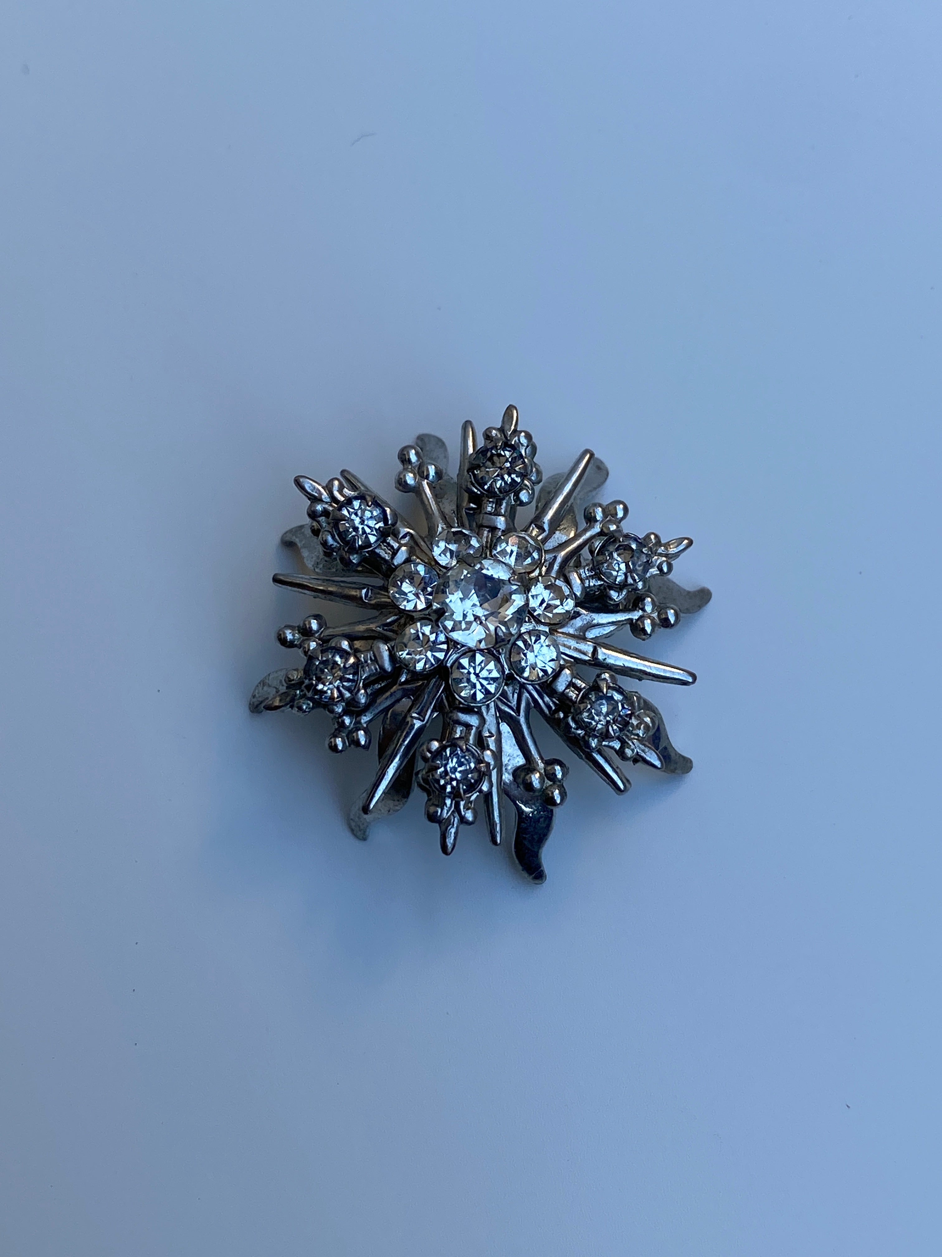 Vintage Mid-Century Silver Tone Rhinestone Starburst Floral Brooch