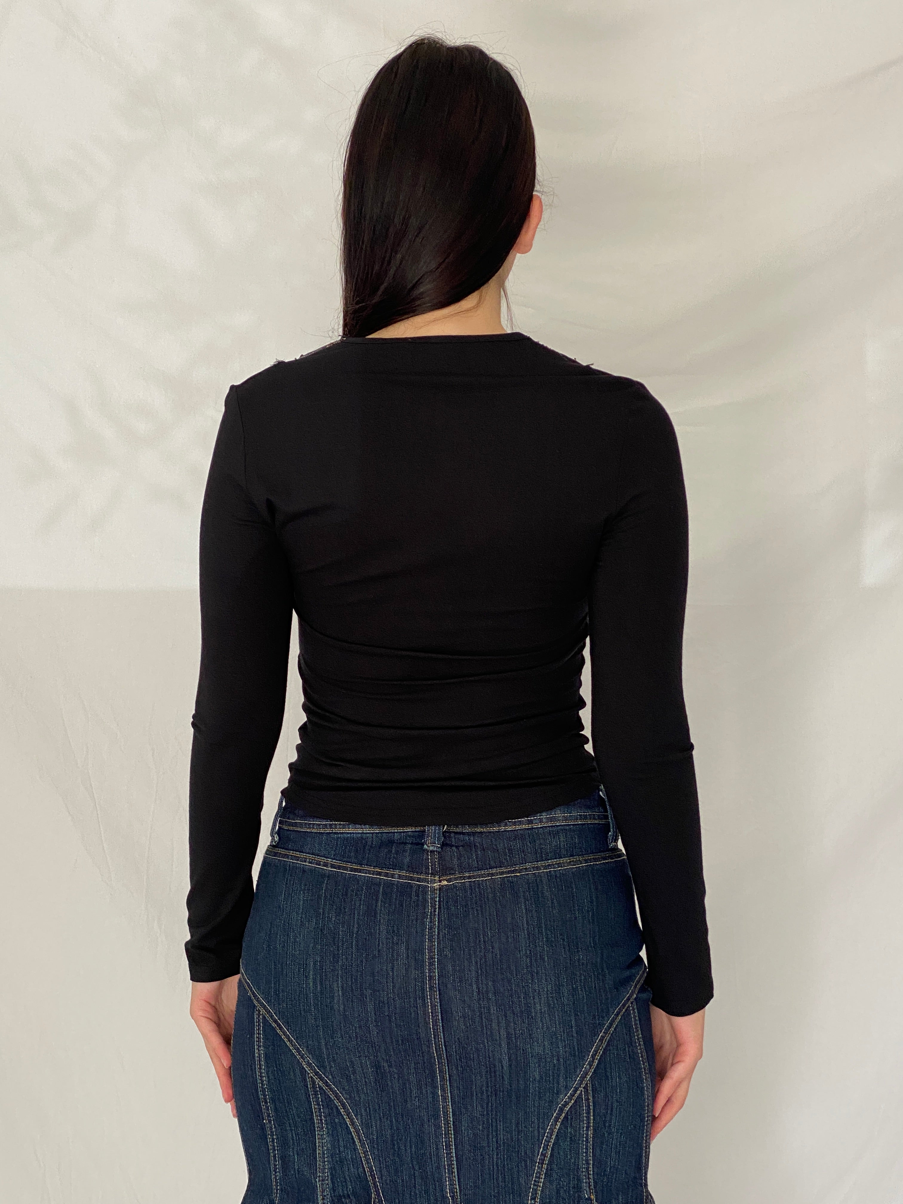 Vintage NOTE Black Embellished V-Neck Top Y2K Boho Stretch Long Sleeve Blouse - S