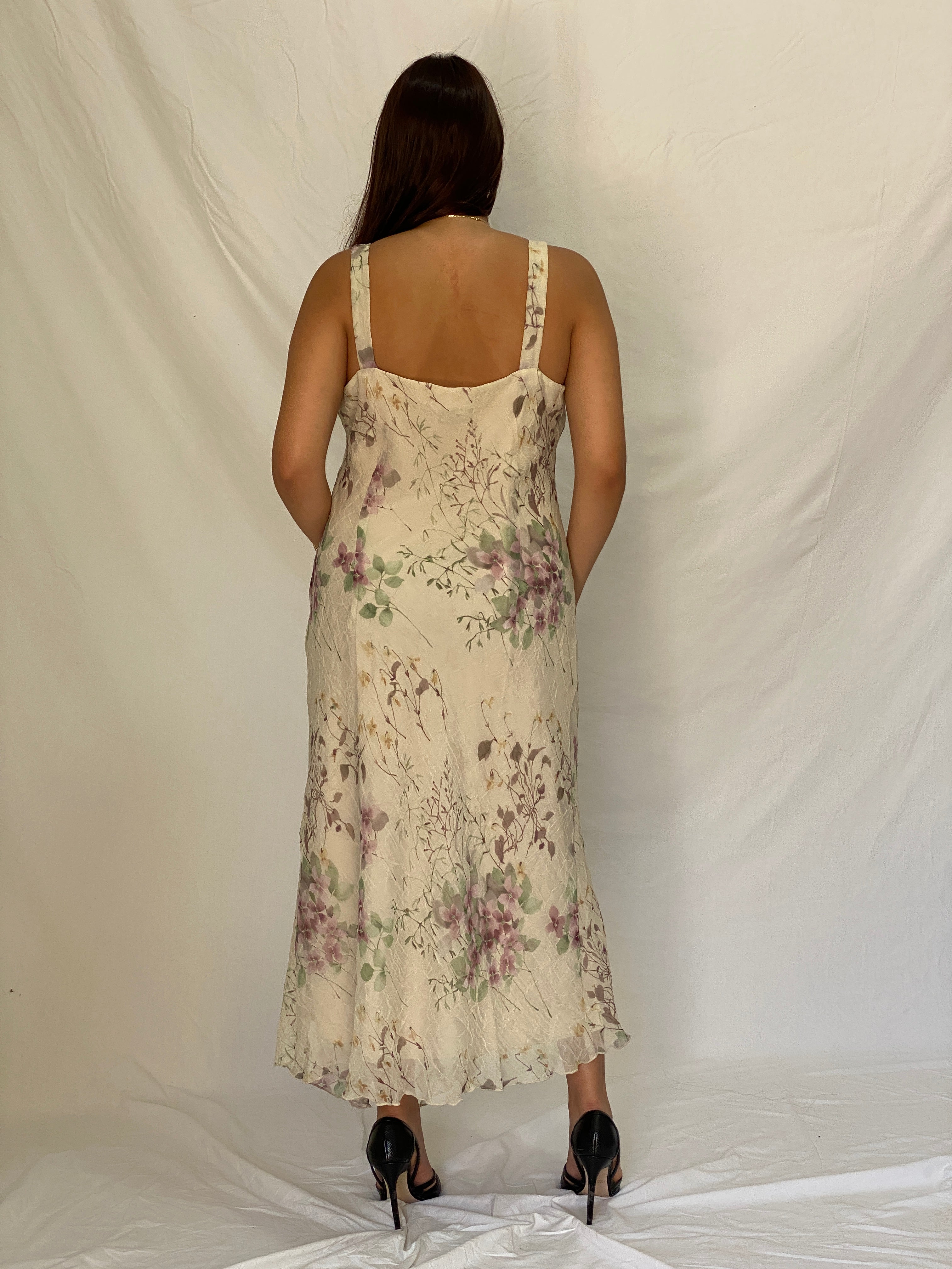 Vintage R&M Richards Ivory Floral Chiffon Handkerchief Hem Maxi Dress – L