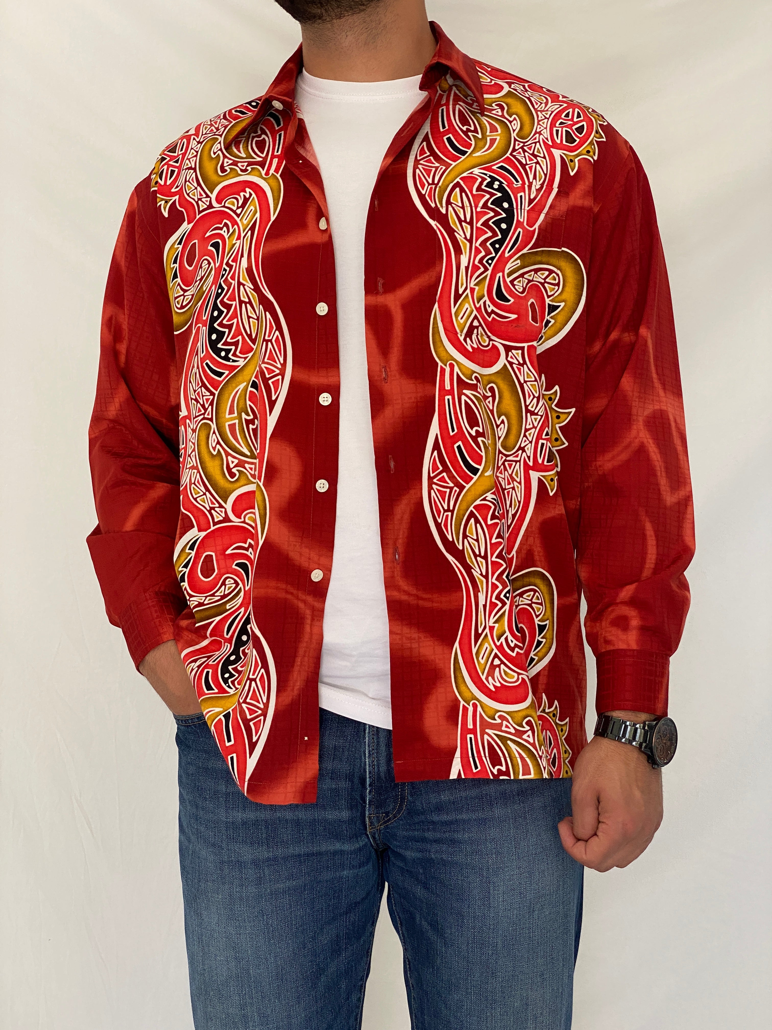 Y2K Drapper Club Tribal Dragon Red Long Sleeve Button-Up Shirt – XL