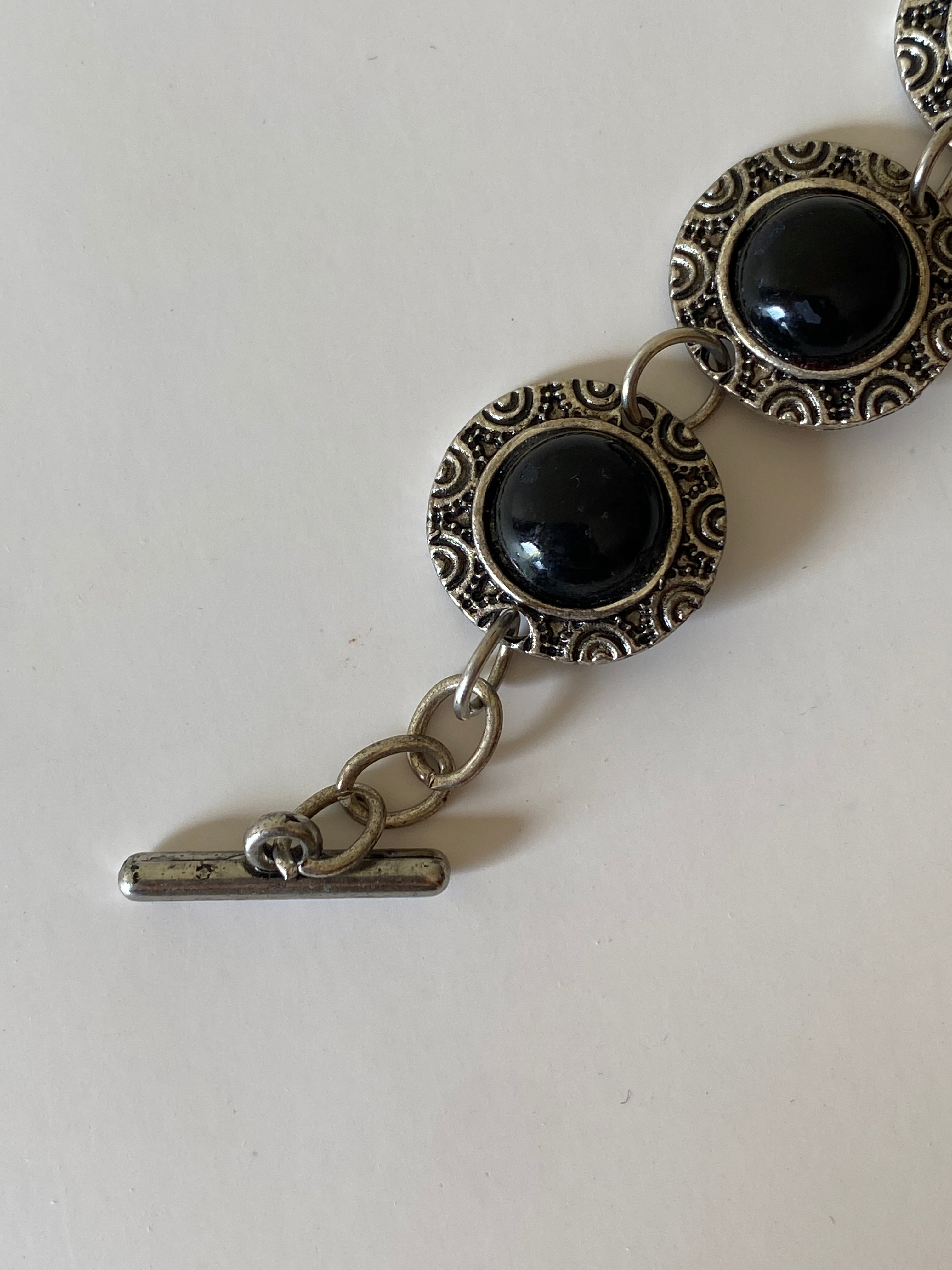 Vintage Silver Tone Black Cabochon Link Bracelet, Boho Statement Bracelet, Chunky Vintage Jewelry