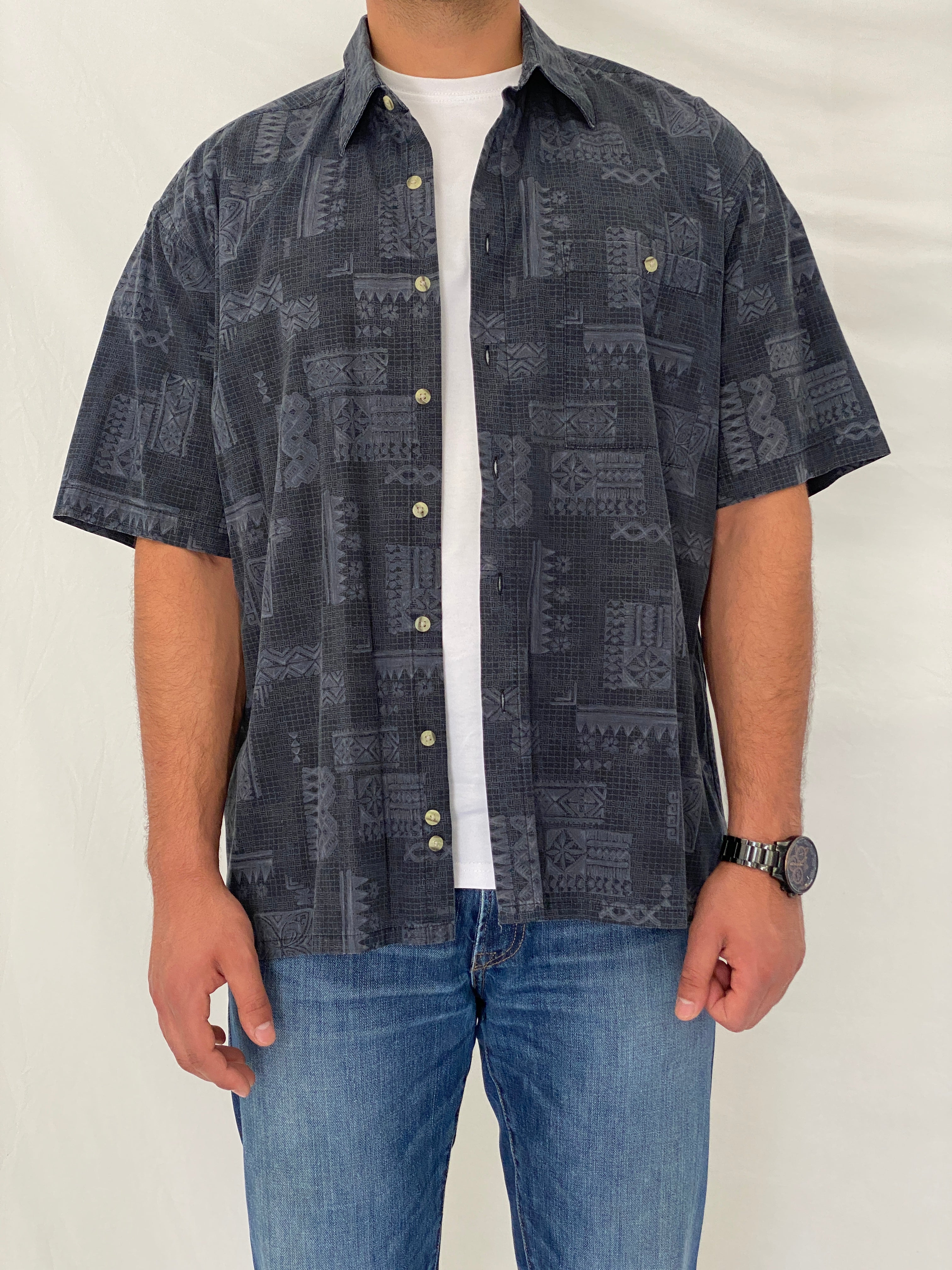 Vintage Batik Bay Navy Tribal Print Cotton Hawaiian Shirt – XL