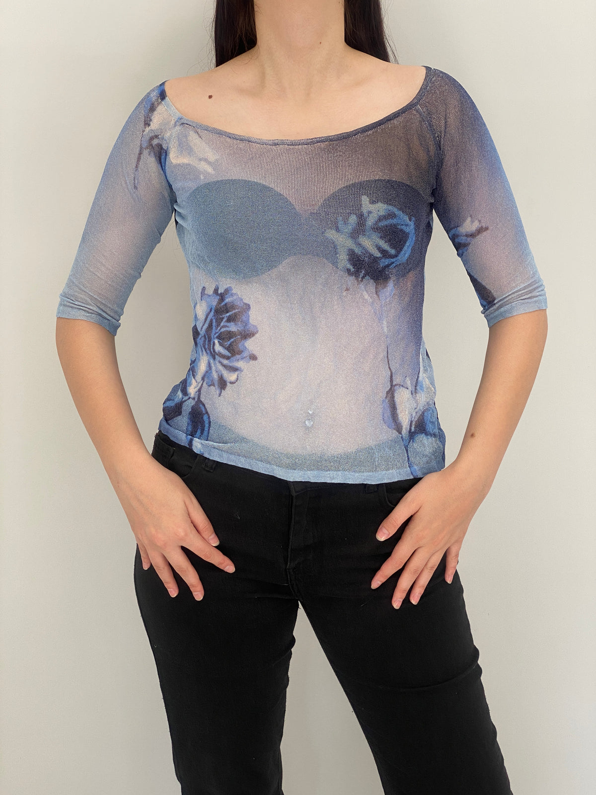 Vintage Y2K Angelo Marani Blue Sheer Floral Mesh Top - S