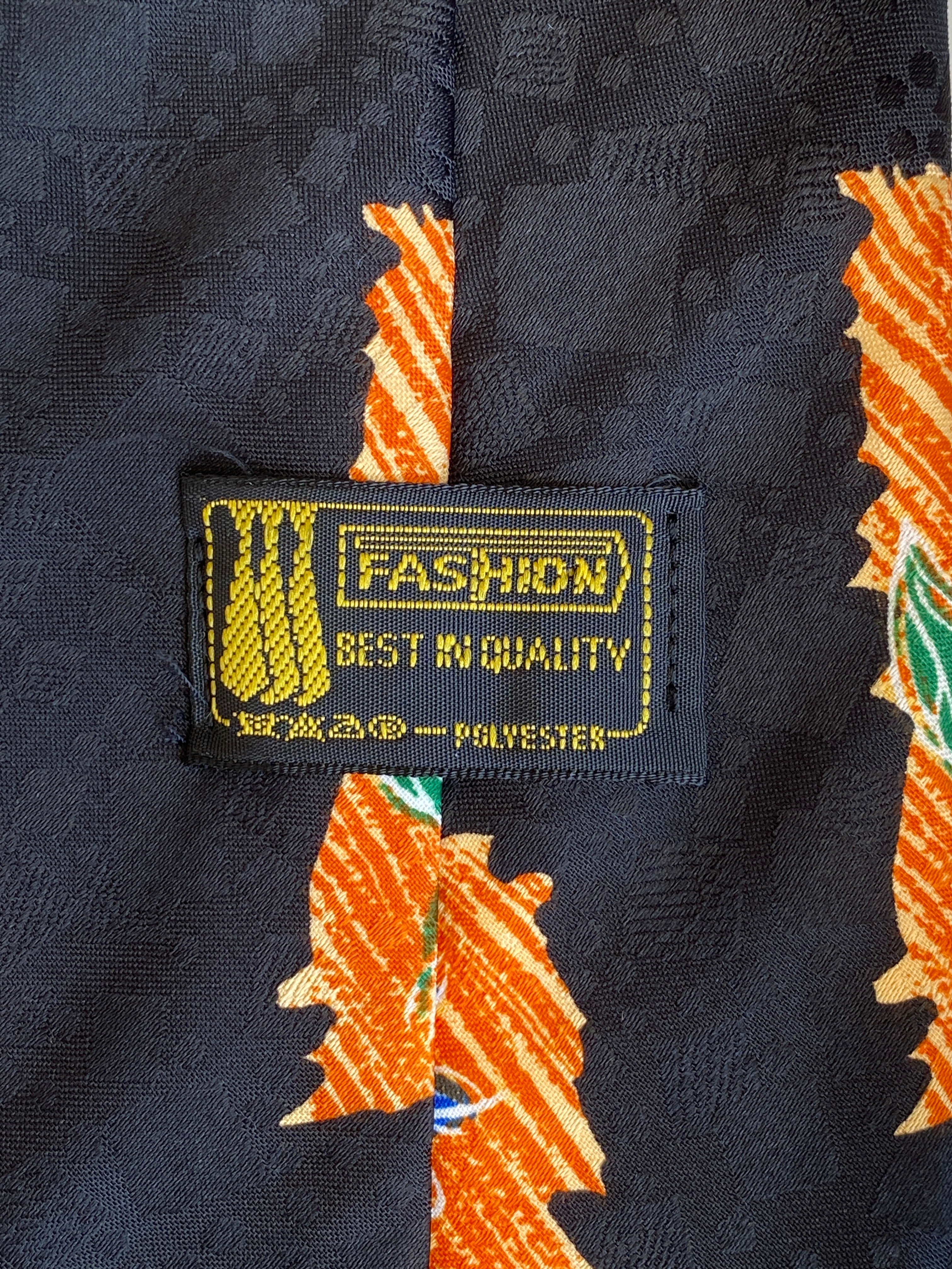 Vintage 90s T Fashion Black Orange Floral Abstract Wide Necktie