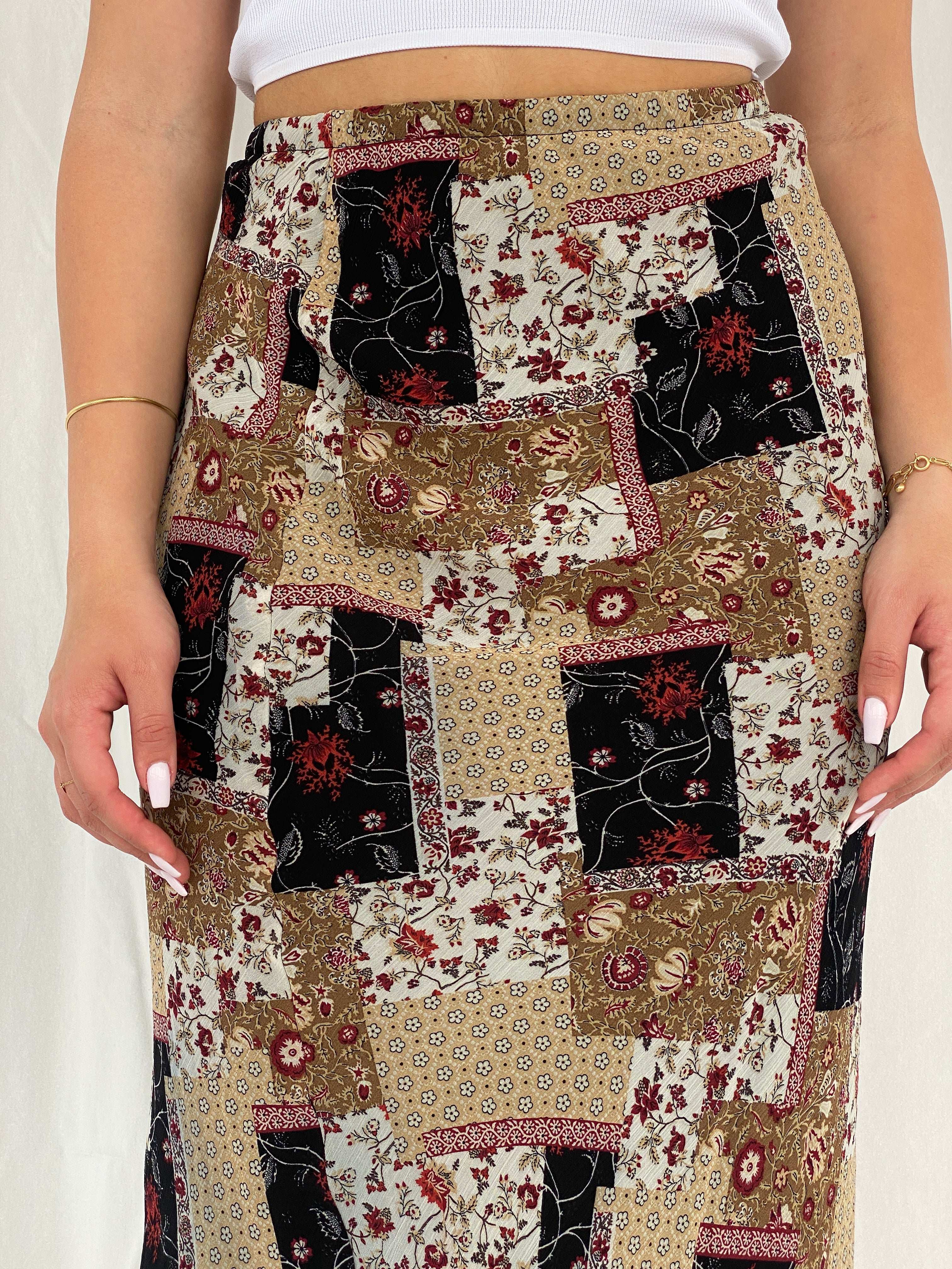 Vintage 90s Floral Patchwork Print Midi Skirt - Size S