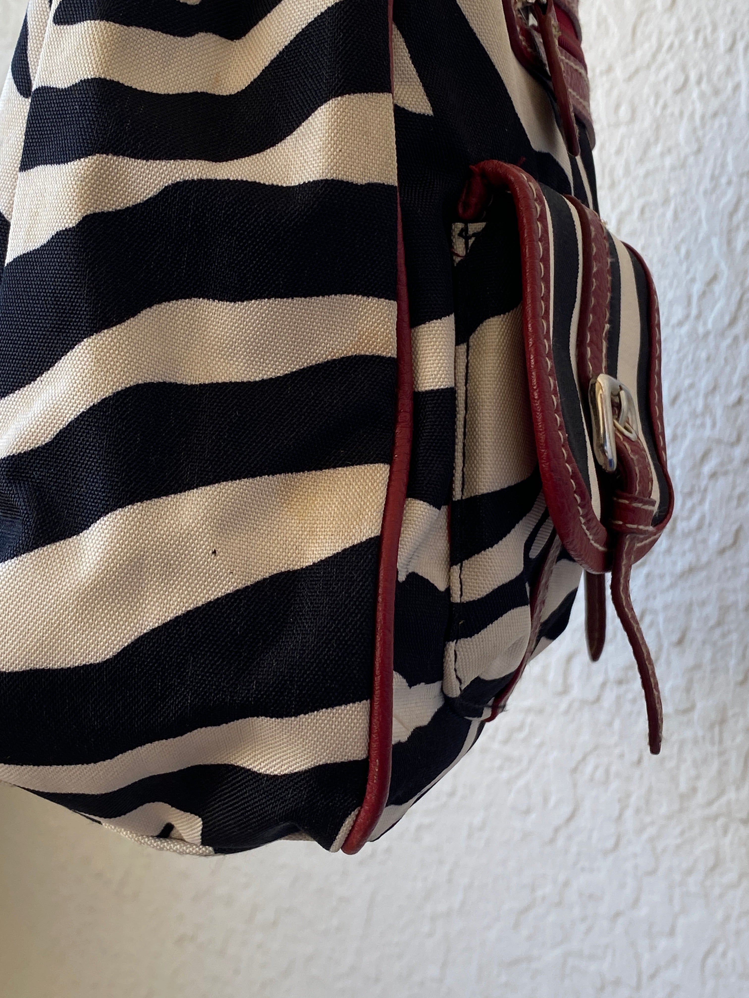 Vintage Y2K Zebra Print Black White Shoulder Bag Canvas with Faux Leather Red Detailing Purse