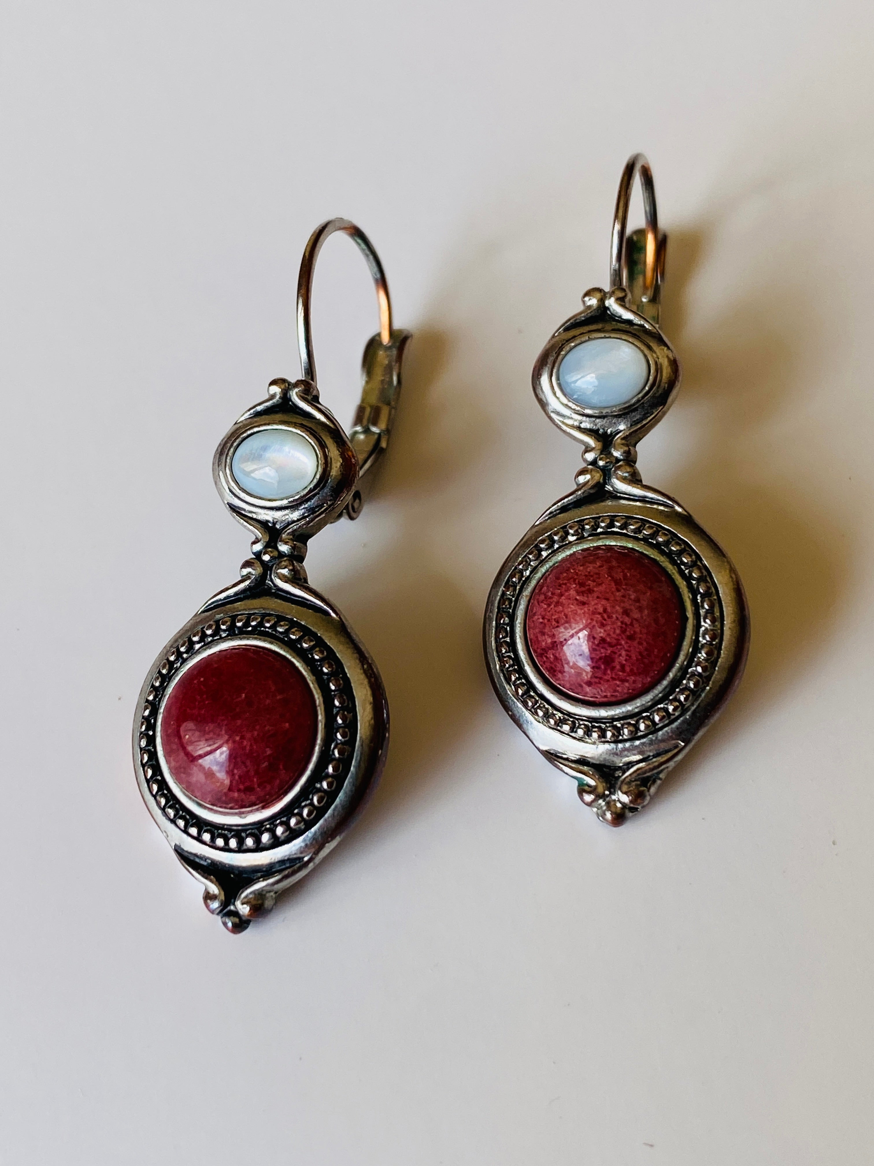 Vintage Lia Sophia Silver Tone Natural Stone Drop Earrings