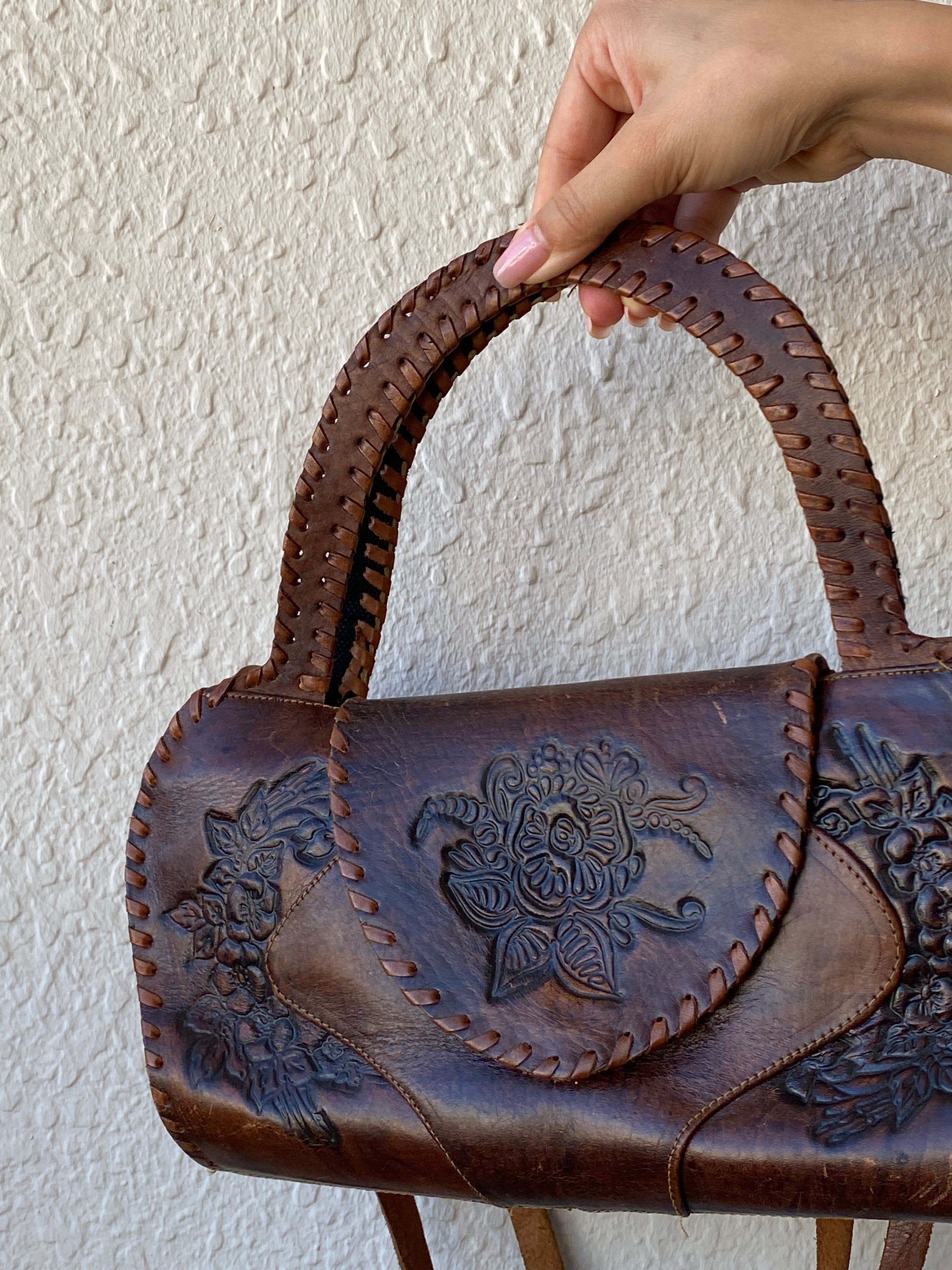 Vintage Handmade African Leather Purse Brown Floral Embossed Shoulder Bag