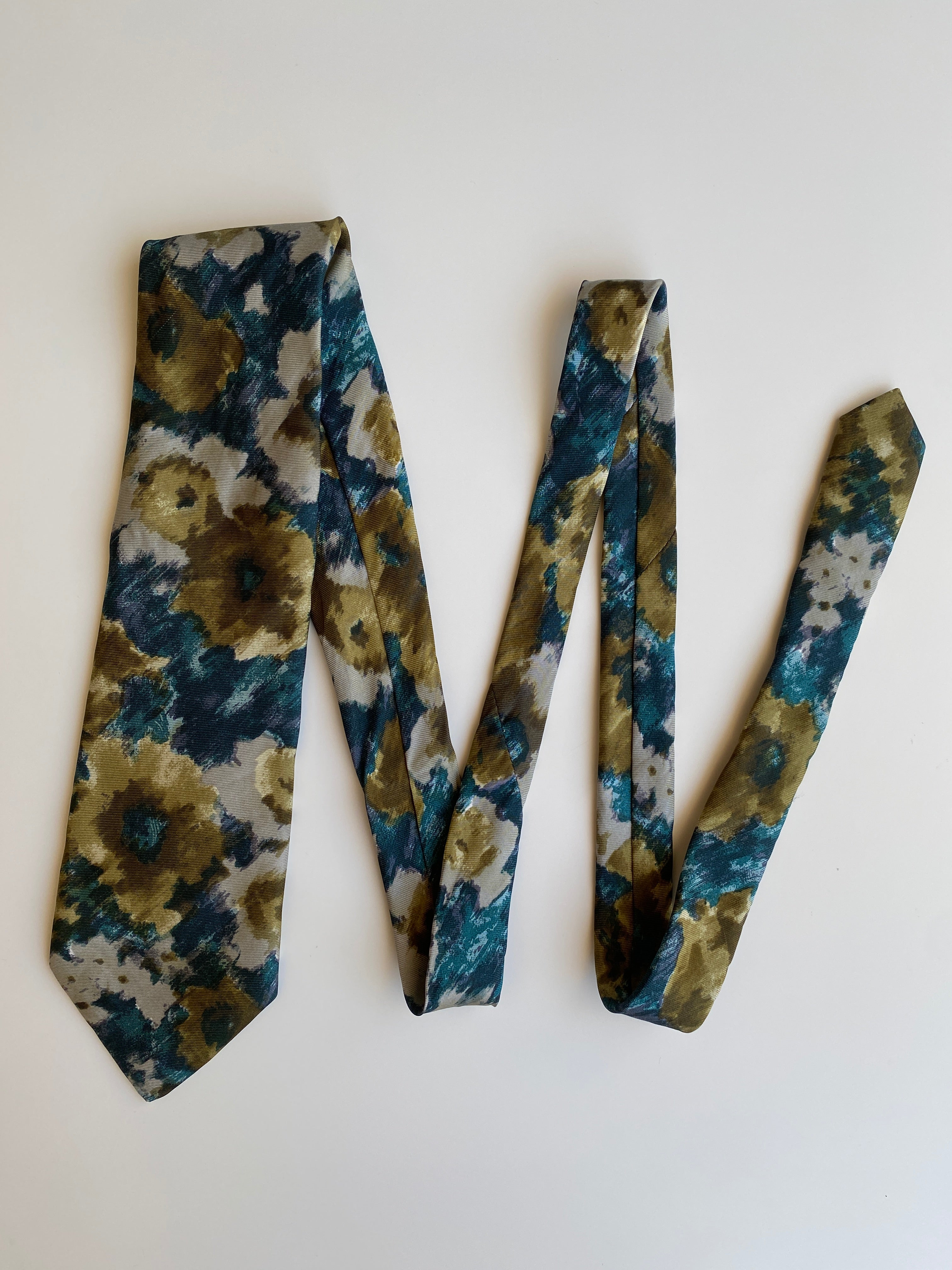 Vintage 1990s Peter von Holland Teal Olive 100% Silk Abstract Floral Necktie