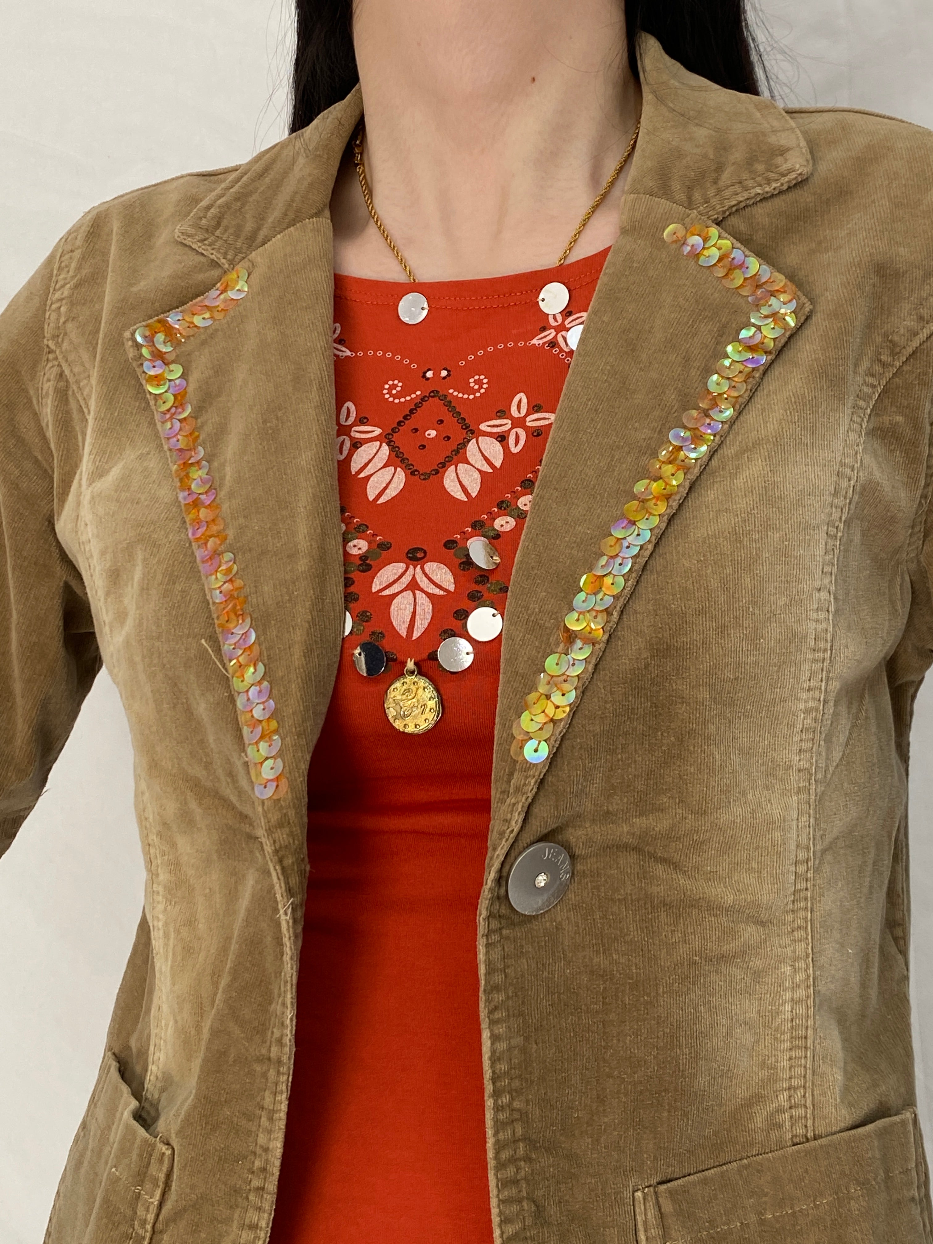 Y2K No Body Classic Fashion Brown Corduroy Jacket & Flared Pants Set with Sequin Trim - M