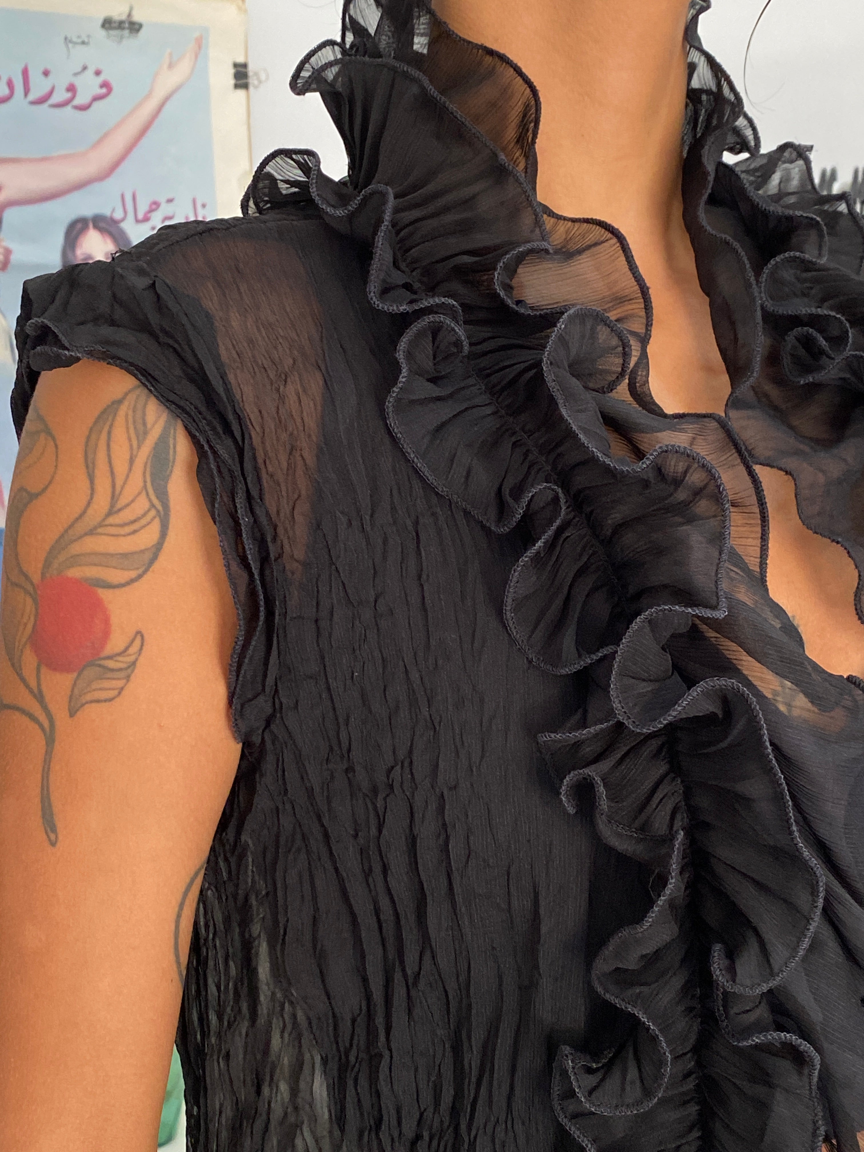 Y2K Emilie Black Sheer Sleeveless Ruffle Cardigan Chiffon Overlay – S