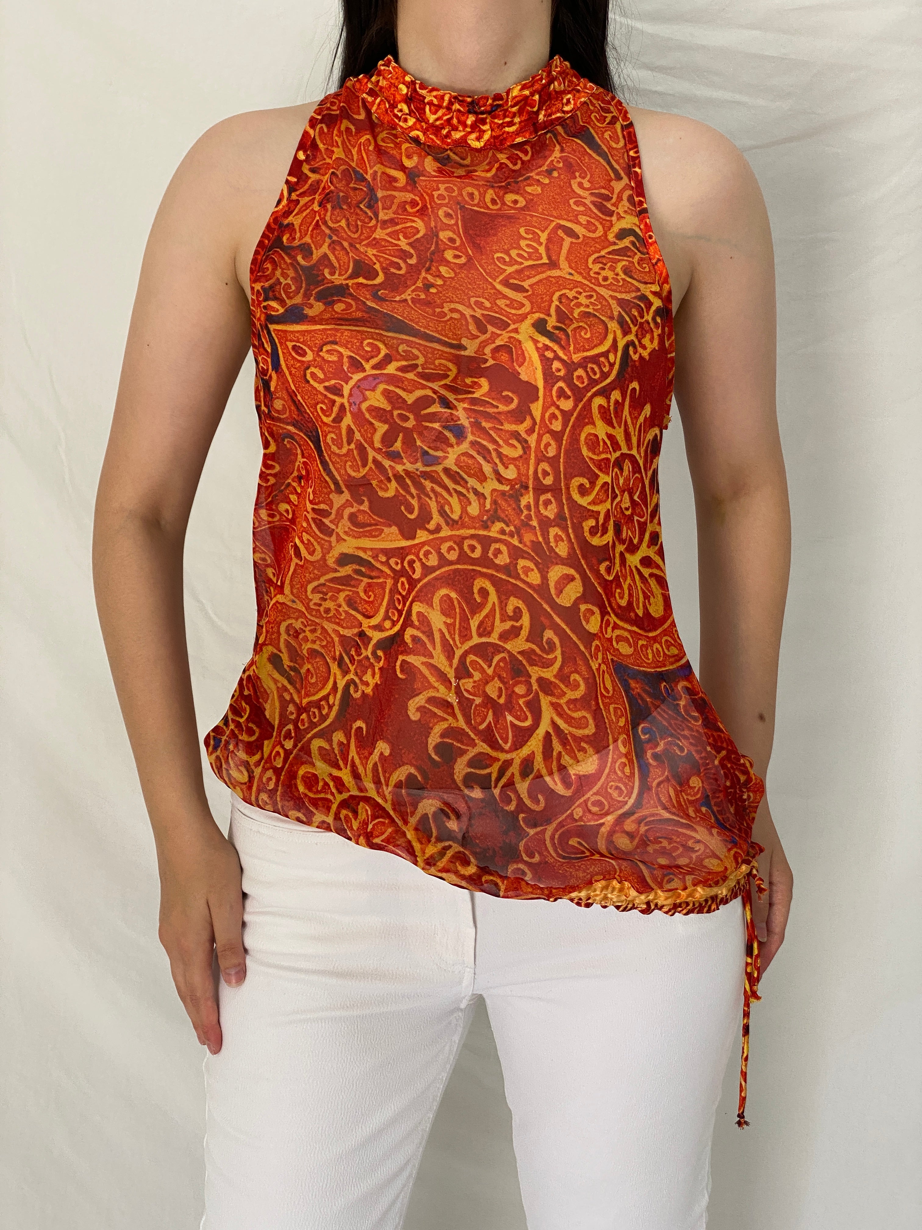 Vintage Y2K Boho Paisley Orange Mesh Halter Top Sheer Printed Sleeveless Blouse - M