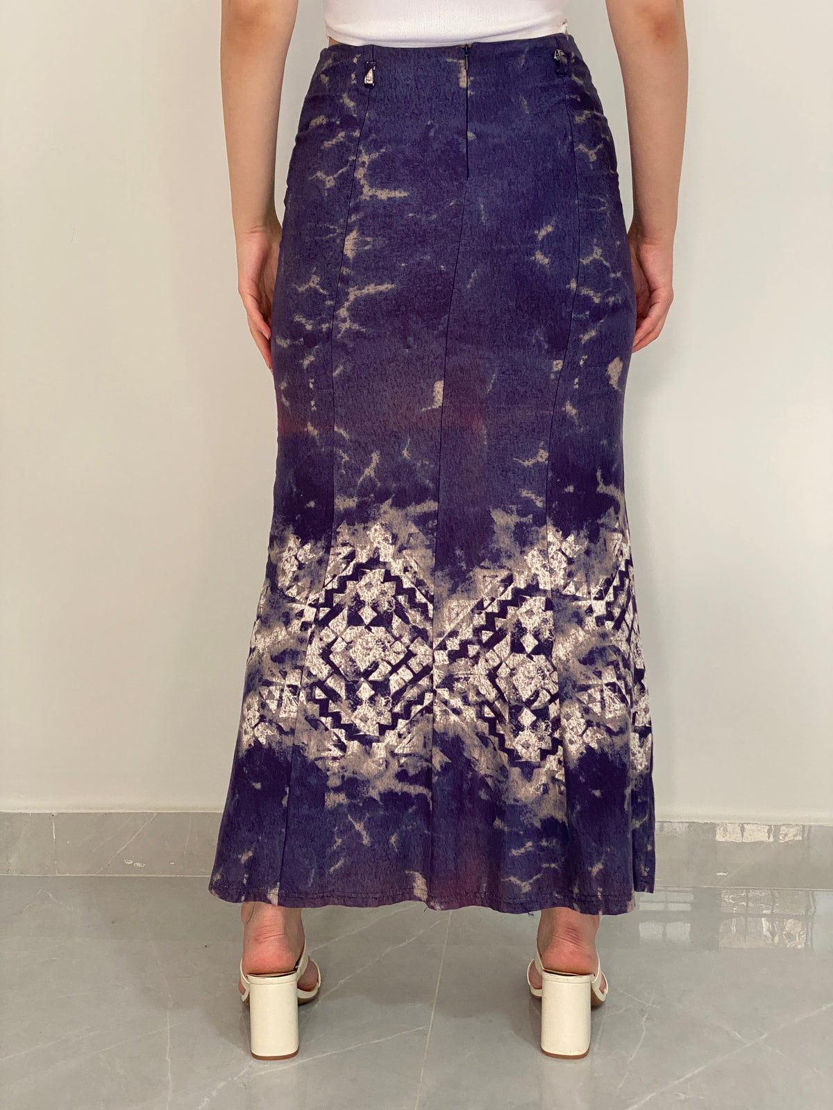 Vintage Fashionway Navy Blue Tie-Dye Geometric Flared Maxi Skirt – M
