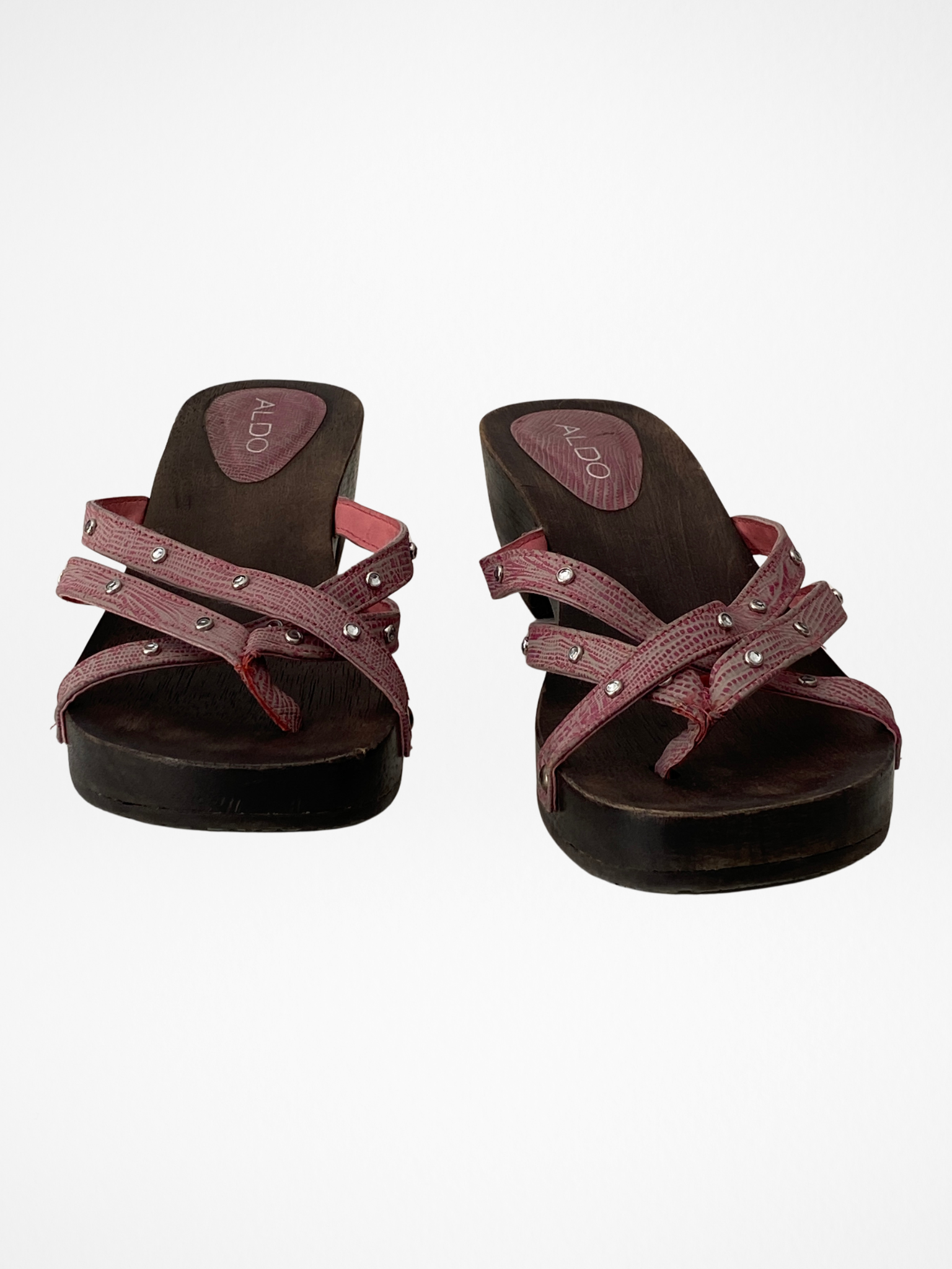 Vintage Y2K ALDO Pink Rhinestone Strappy Wooden Clog Sandals - 37 EU