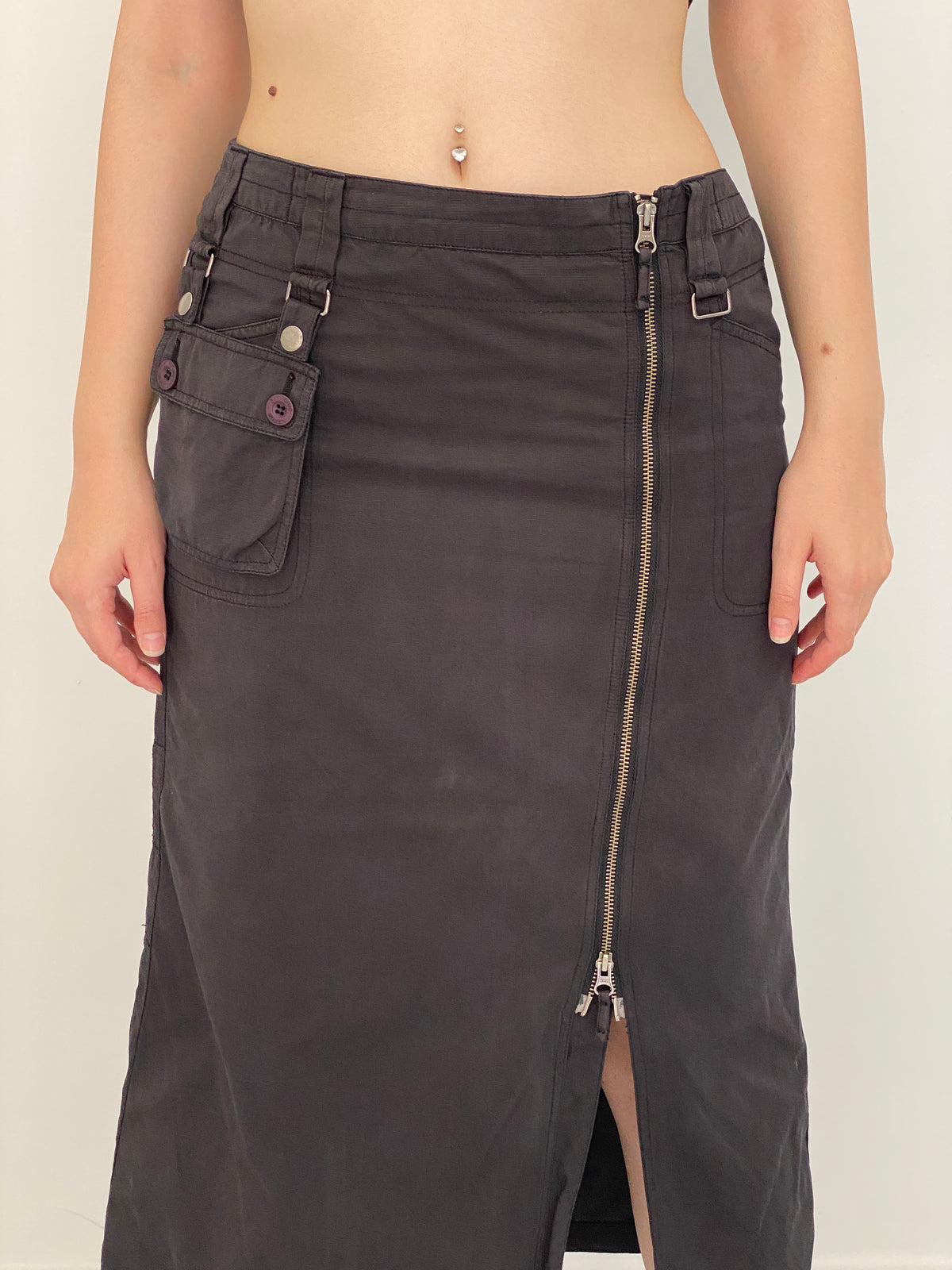 Vintage Y2K Gin Tonic Charcoal Grey Cotton-Blend Utility Zip-Front Midi Skirt - 40EUR
