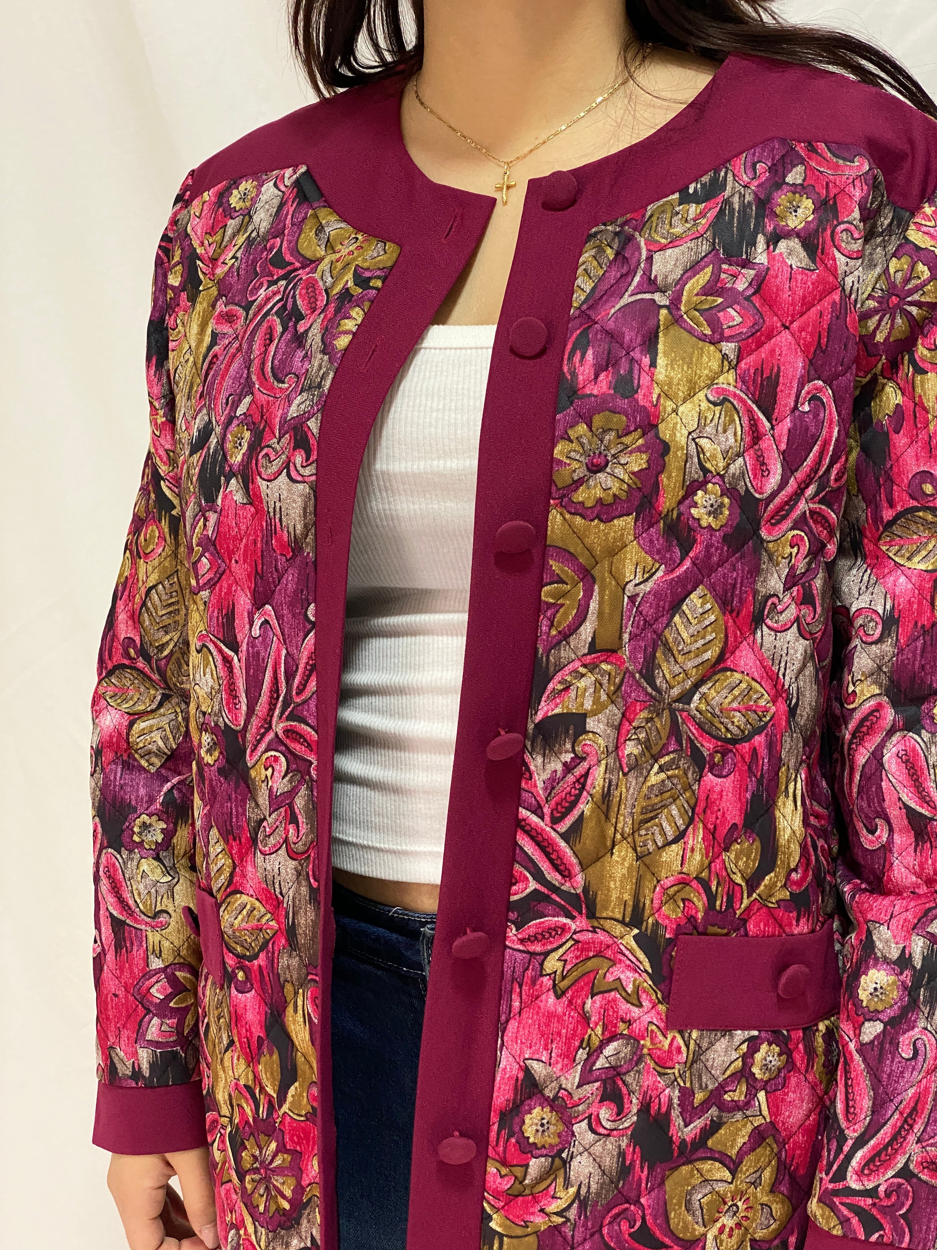 Vintage Quilted Floral Jacket Burgundy & Pink Paisley Button-Up Jacket - XL