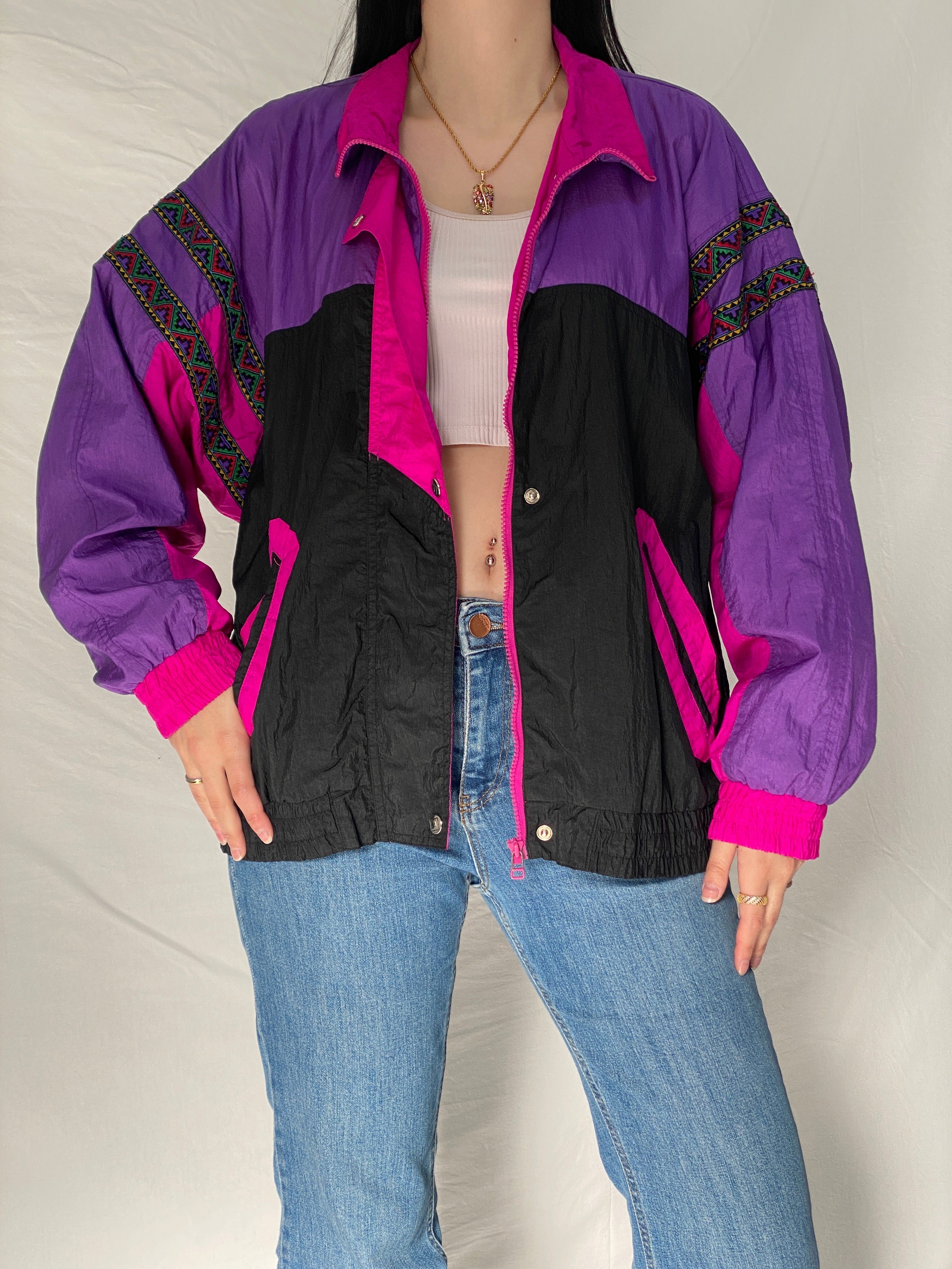 Vintage Andy Johns Colorblock Windbreaker Jacket - 90s Retro Purple Pink Black Oversized Lightweight Track Jacket - L