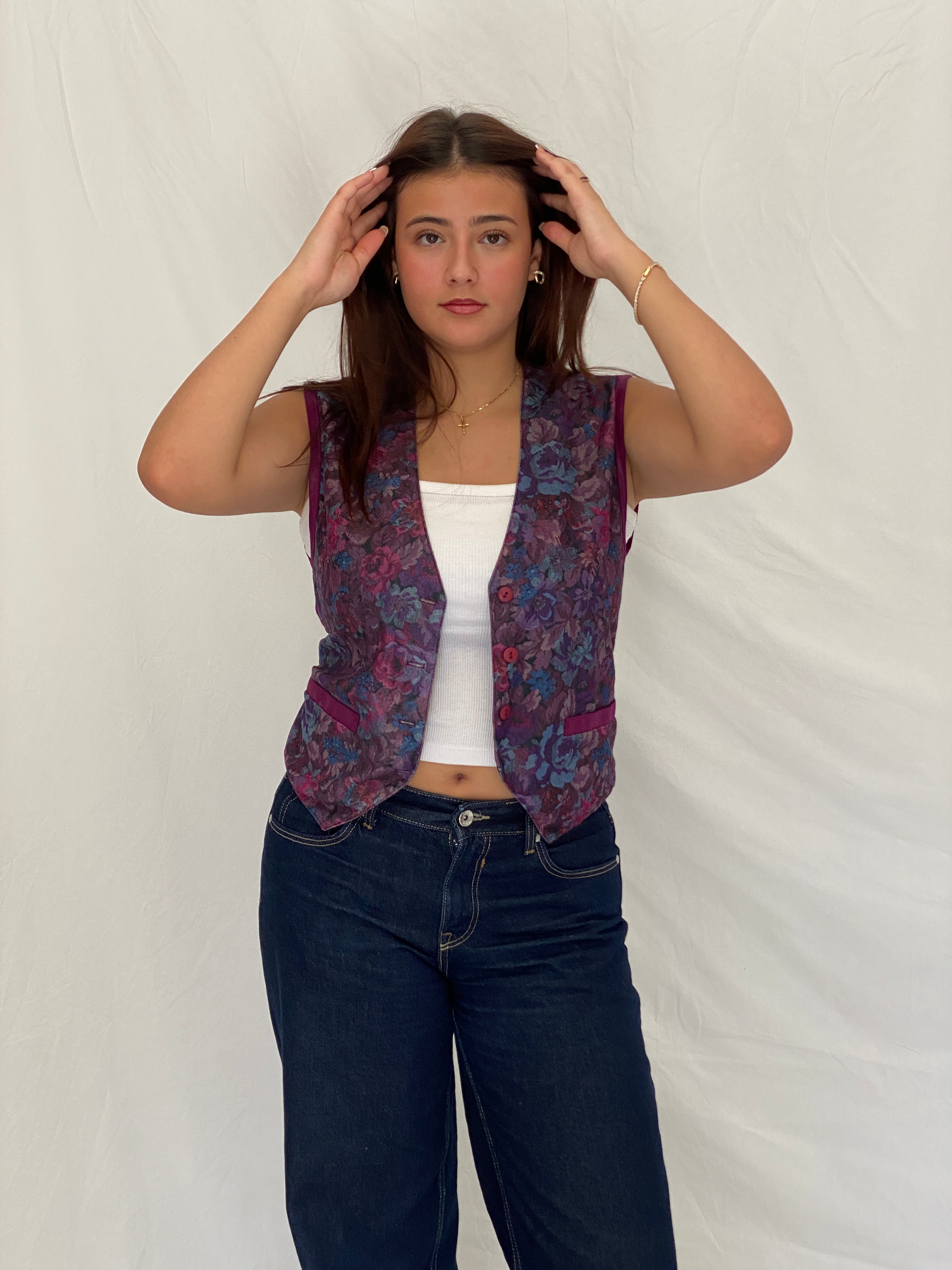 Vintage 90s Pierre Lamonte Purple Waistcoat Floral Button Vest – M
