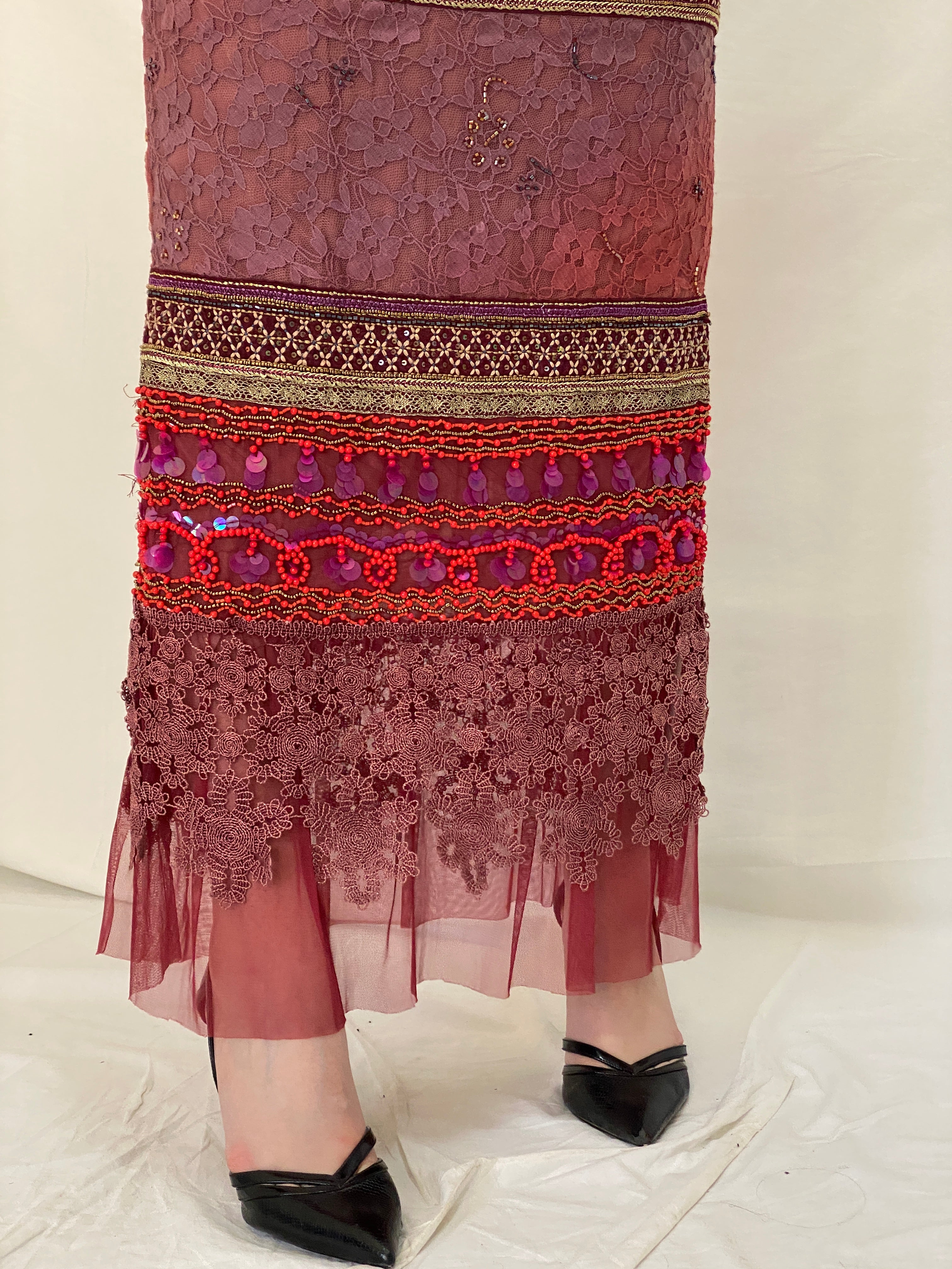 BRITISHINDIA Limited Edition Embellished Lace Maxi Skirt with Beaded Panels & Side Slit -S