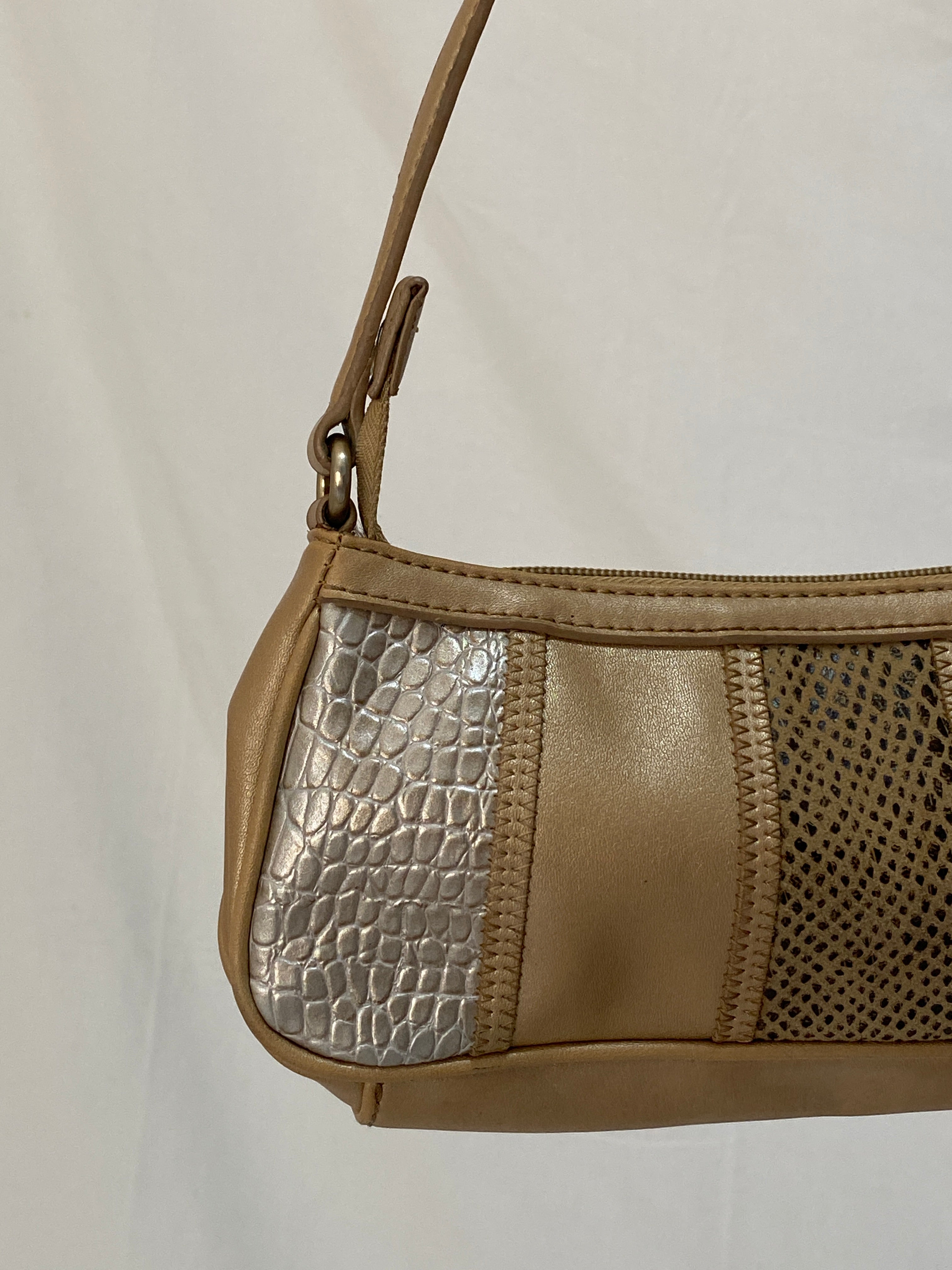 Vintage Nine West Beige Shoulder Bag Y2K Faux Leather Baguette with Croc & Snakeskin Panels