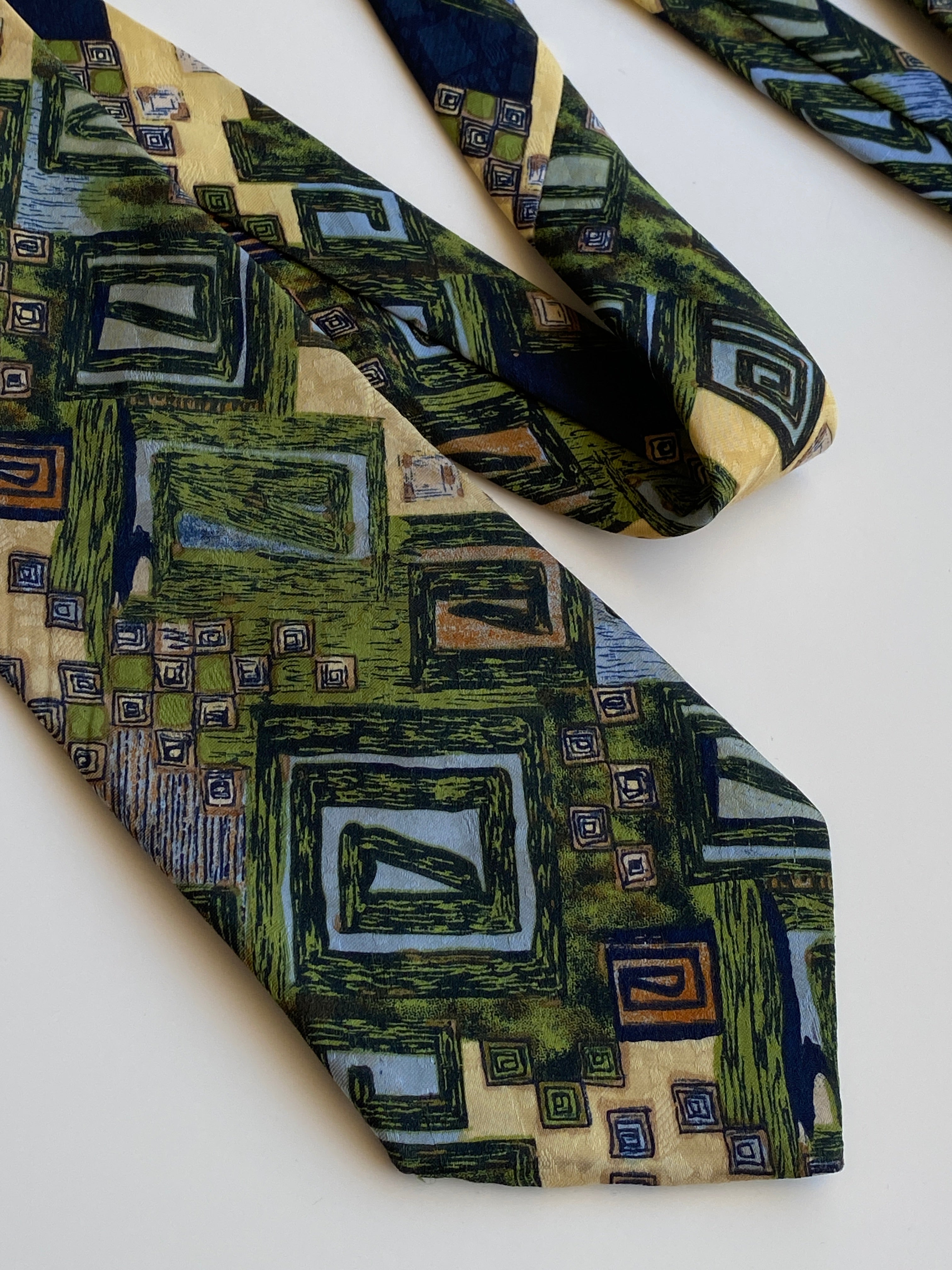 Vintage 90s T Fashion Green Navy Geometric Abstract Wide Necktie