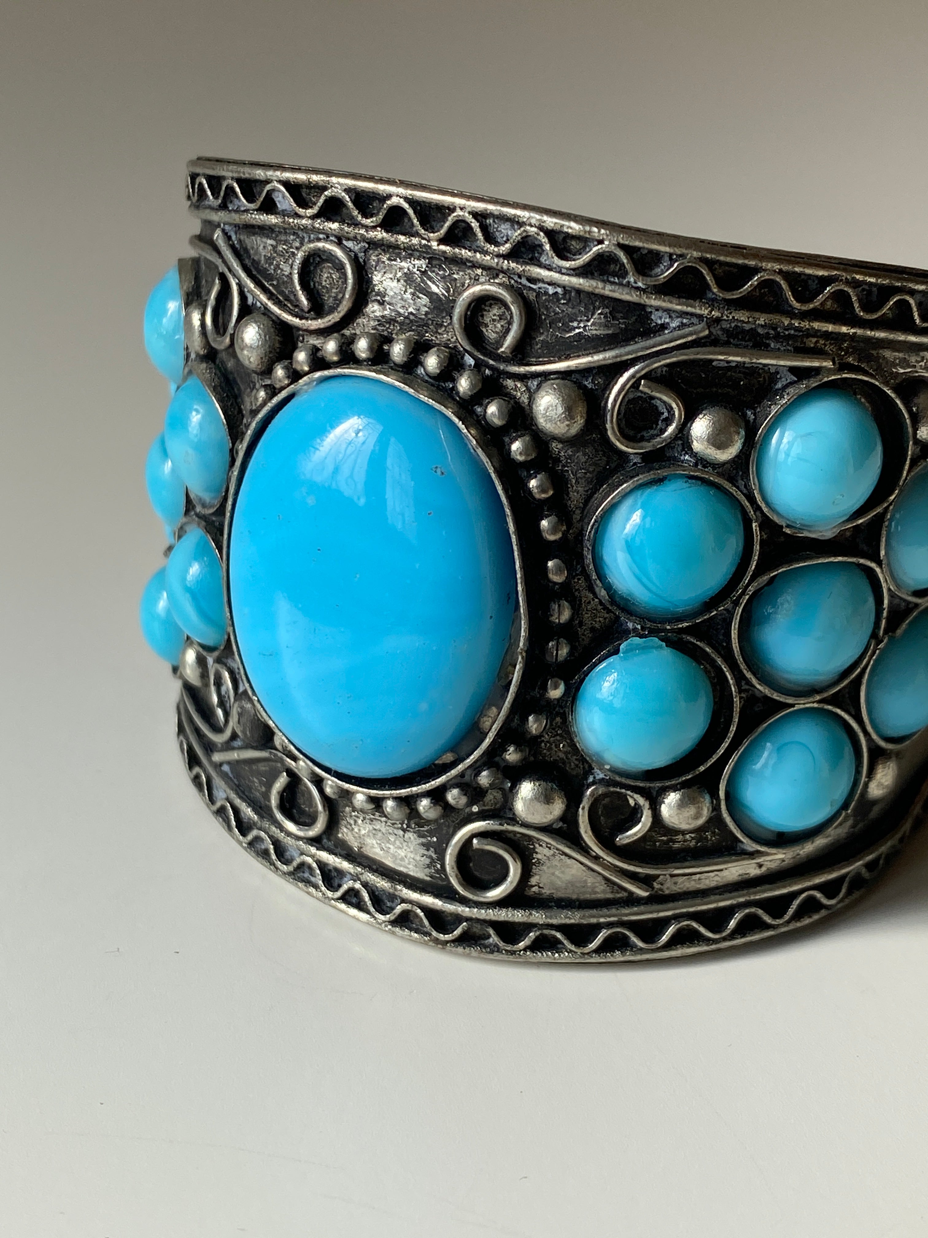 Vintage Silver Turquoise Statement Cuff Wide Boho Tribal Inlay Bracelet