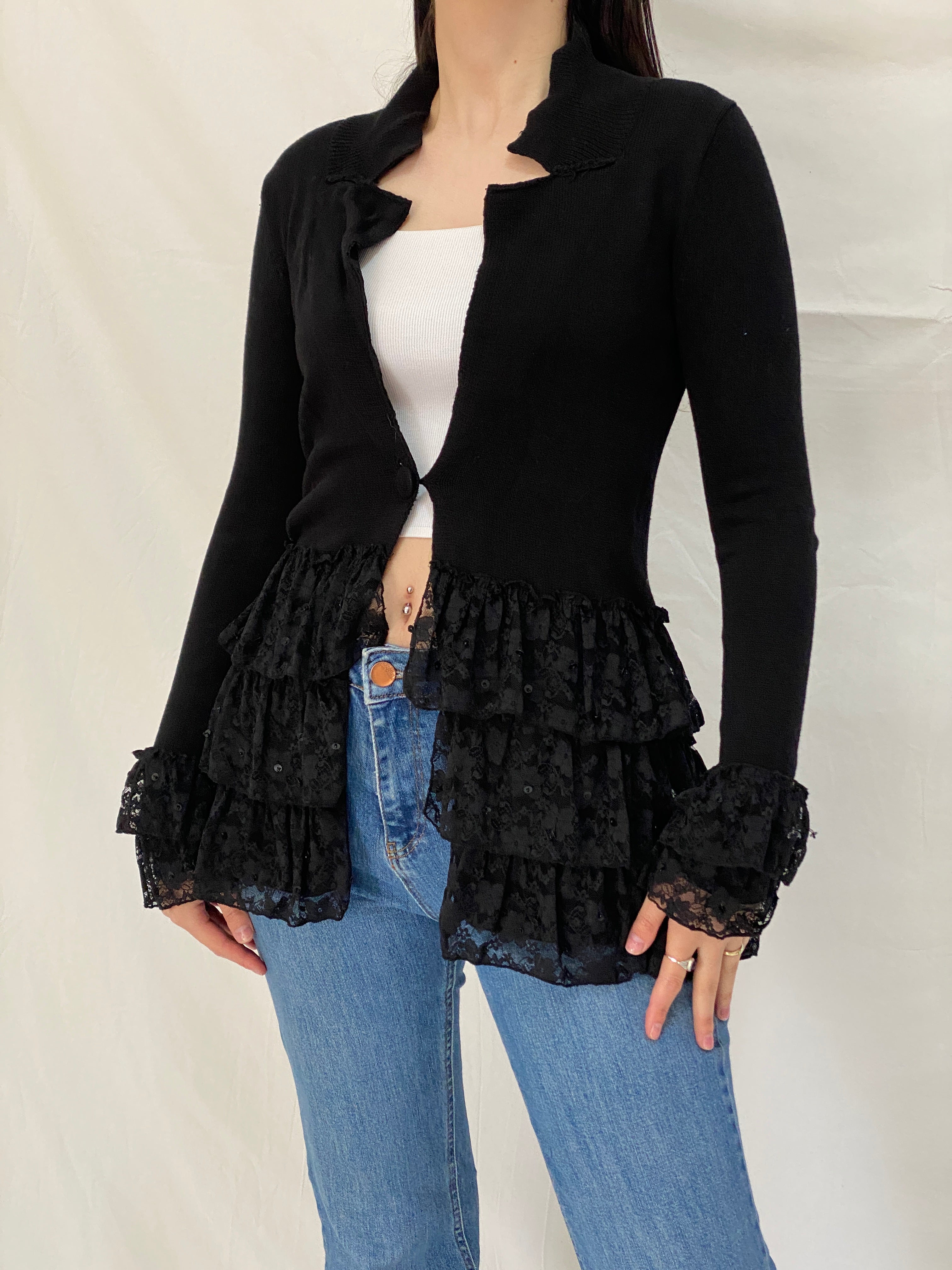 Vintage Storybook Knits Black Ruffle Lace Grunge Whimsigoth Knit Layer Cardigan - S