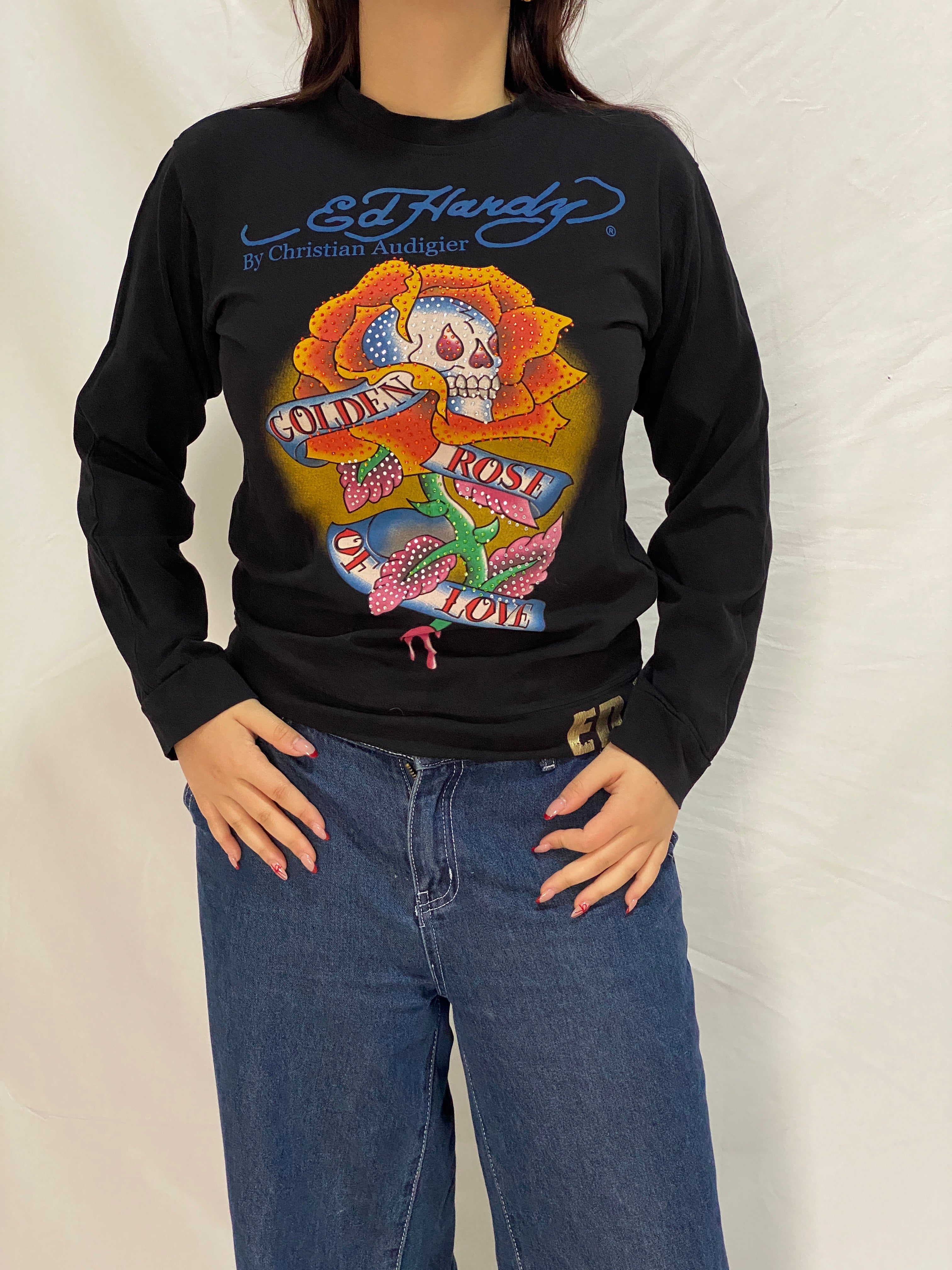 Vintage Ed Hardy Golden Rose Skull Graphic Long Sleeve Top by Christian Audigier - M