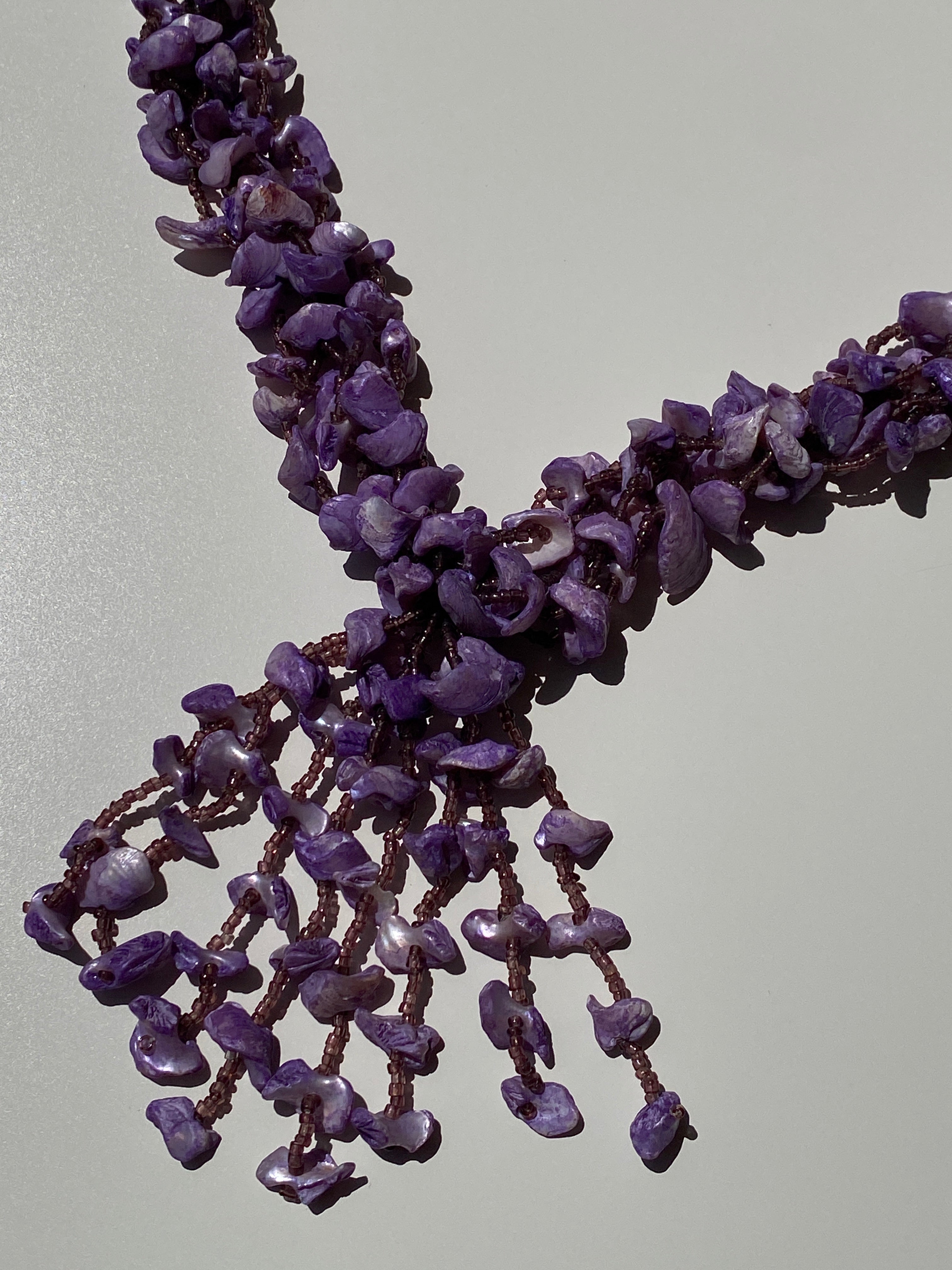 Vintage Purple Chip Stone & Seed Bead Braided Tassel Fringe Necklace