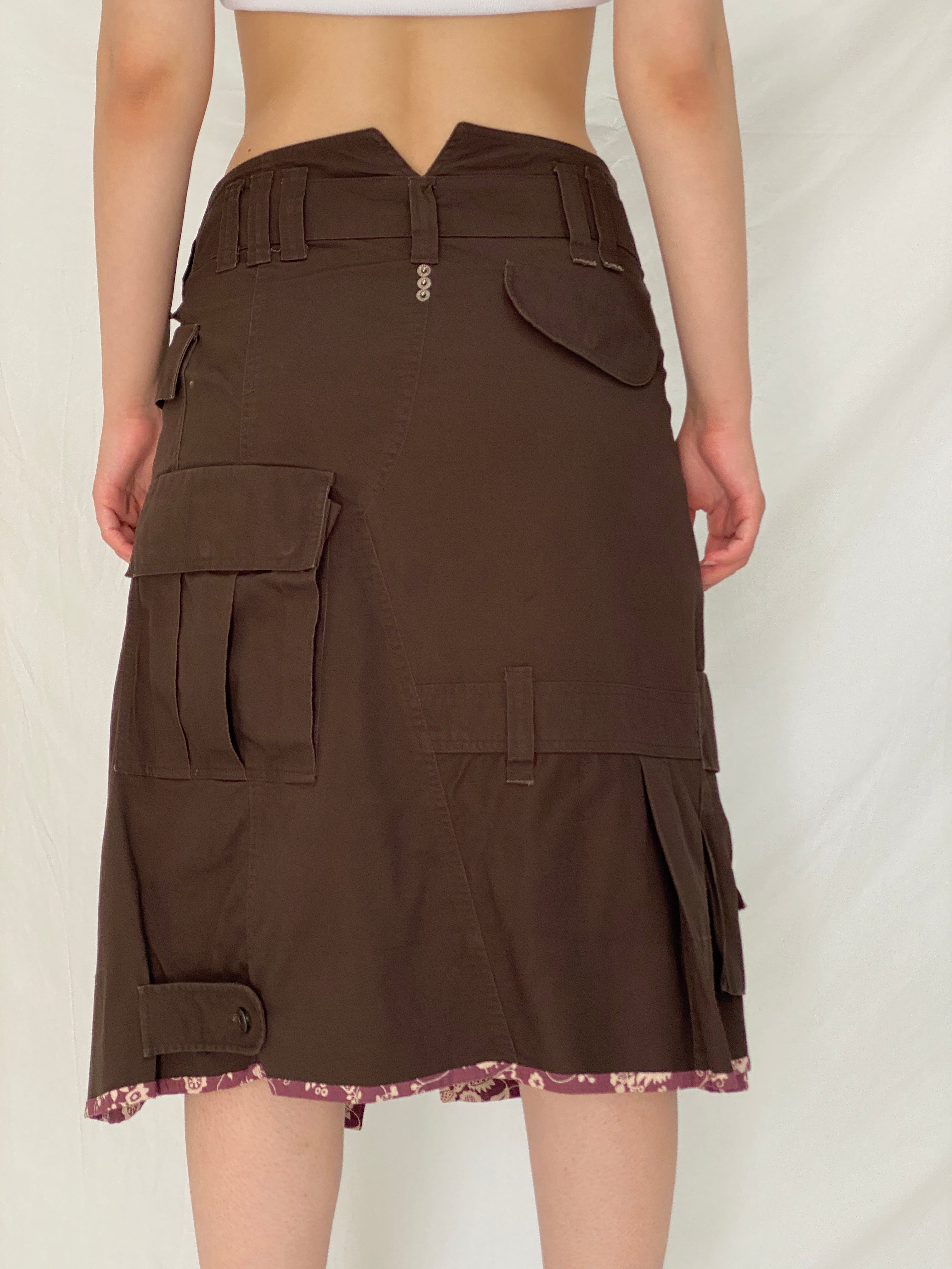 Vintage IKKS Brown Utility Wrap Asymmetric Cargo Midi Skirt – M