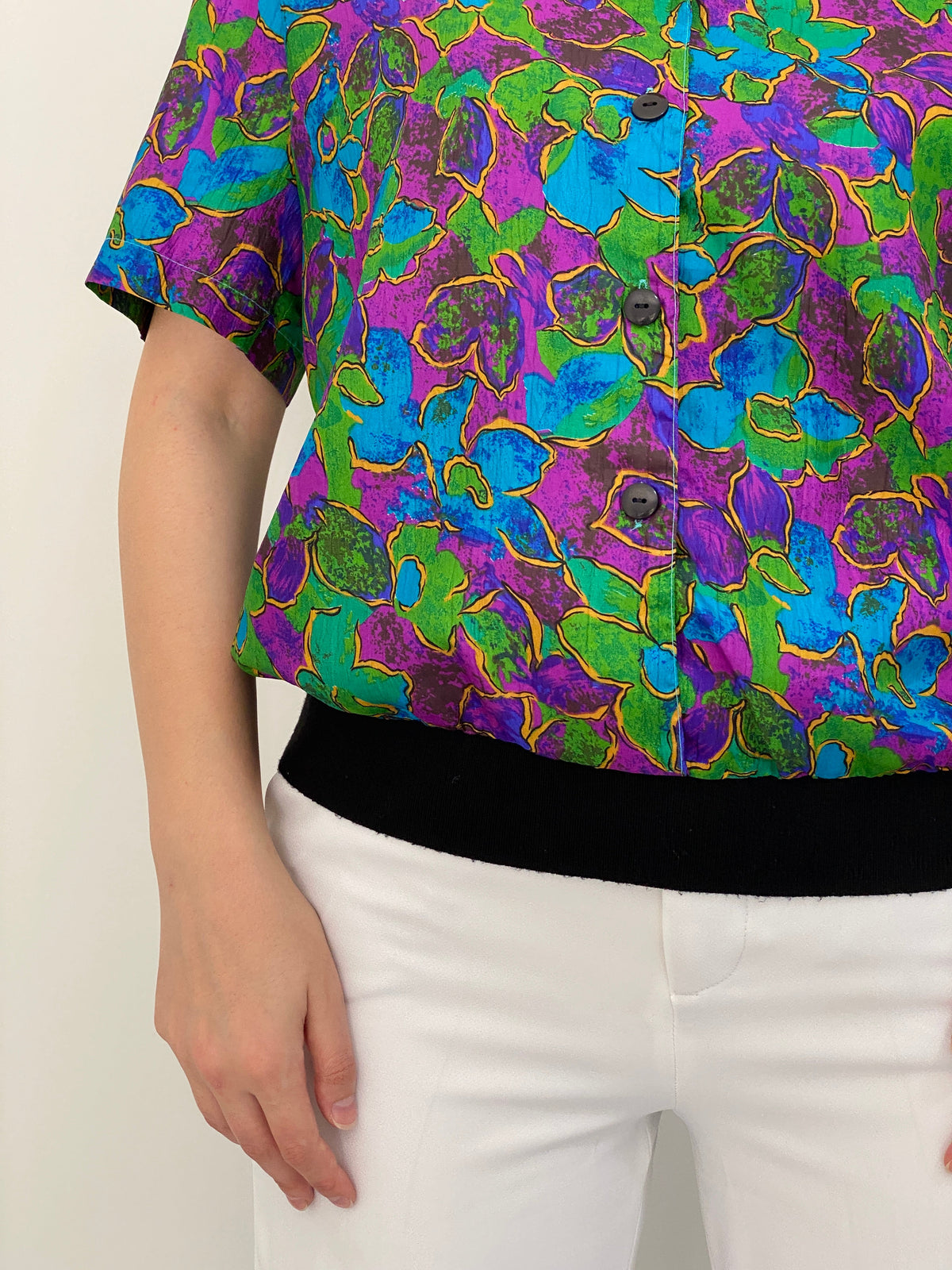 Vintage 80s Gianna Jewel Tone Floral Print Short Sleeve Blouse - M