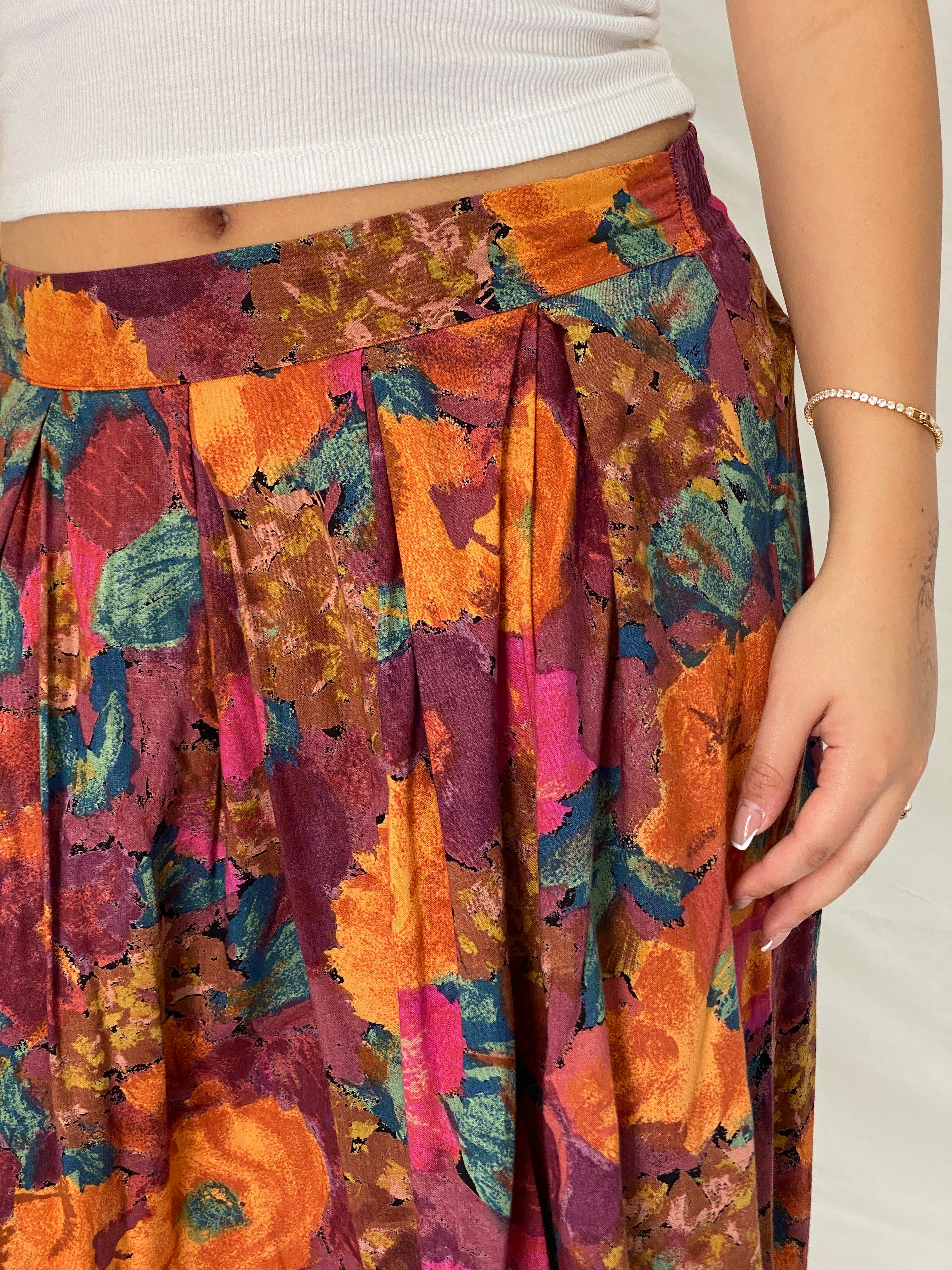 Vintage 90s George Floral Orange Multicolor Pleated Midi Skirt – L