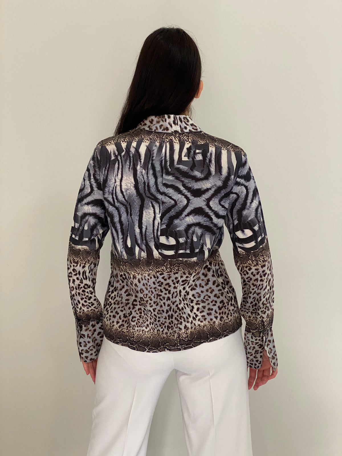 Y2K BiBA Grey & Brown Mixed Animal Print Shirt Ruffle Blouse – M